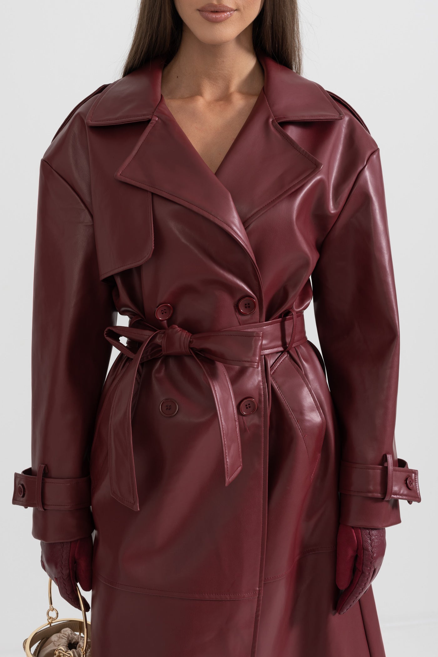 Vegan Leather Trench Coat - Burgundy