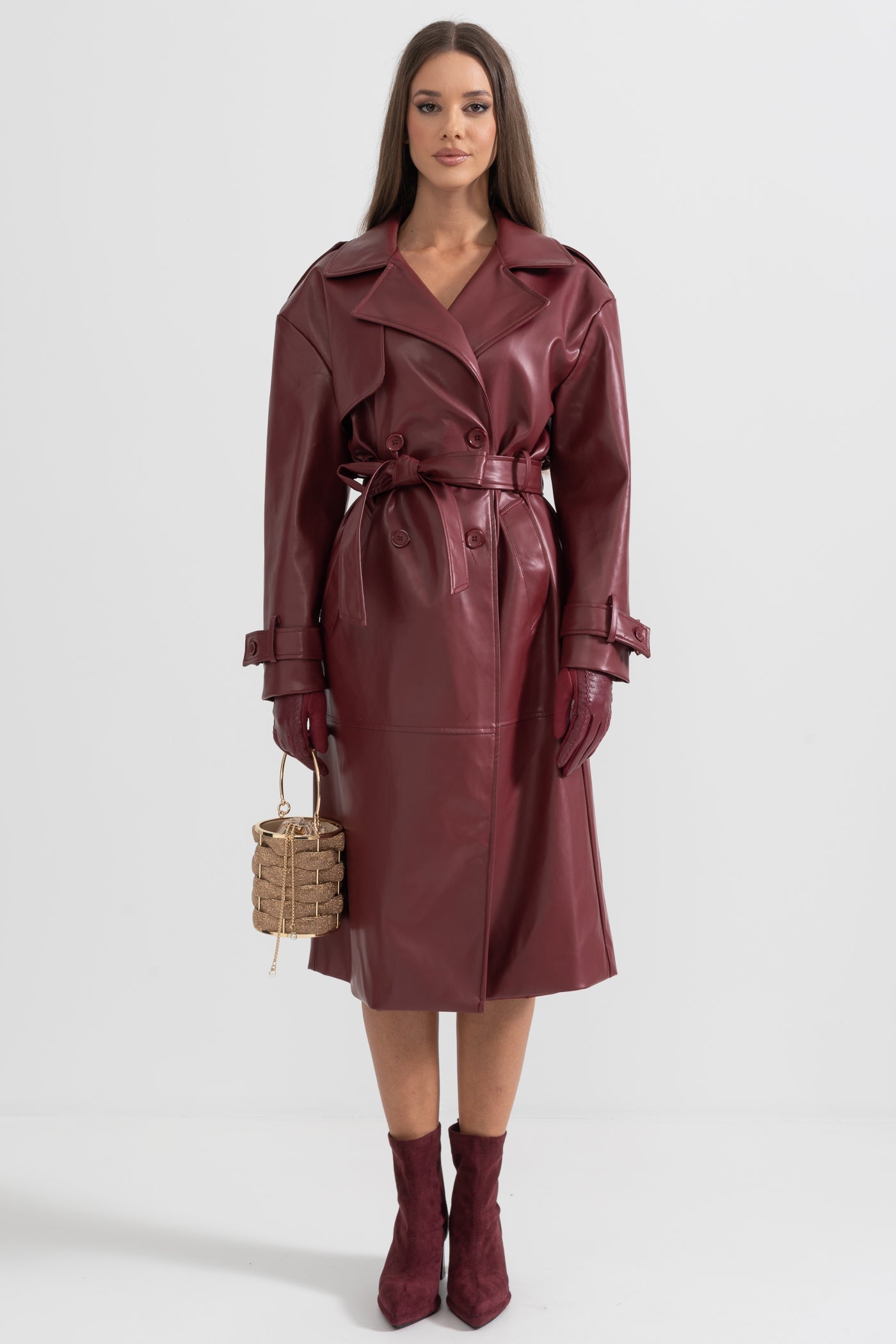 Vegan Leather Trench Coat - Burgundy