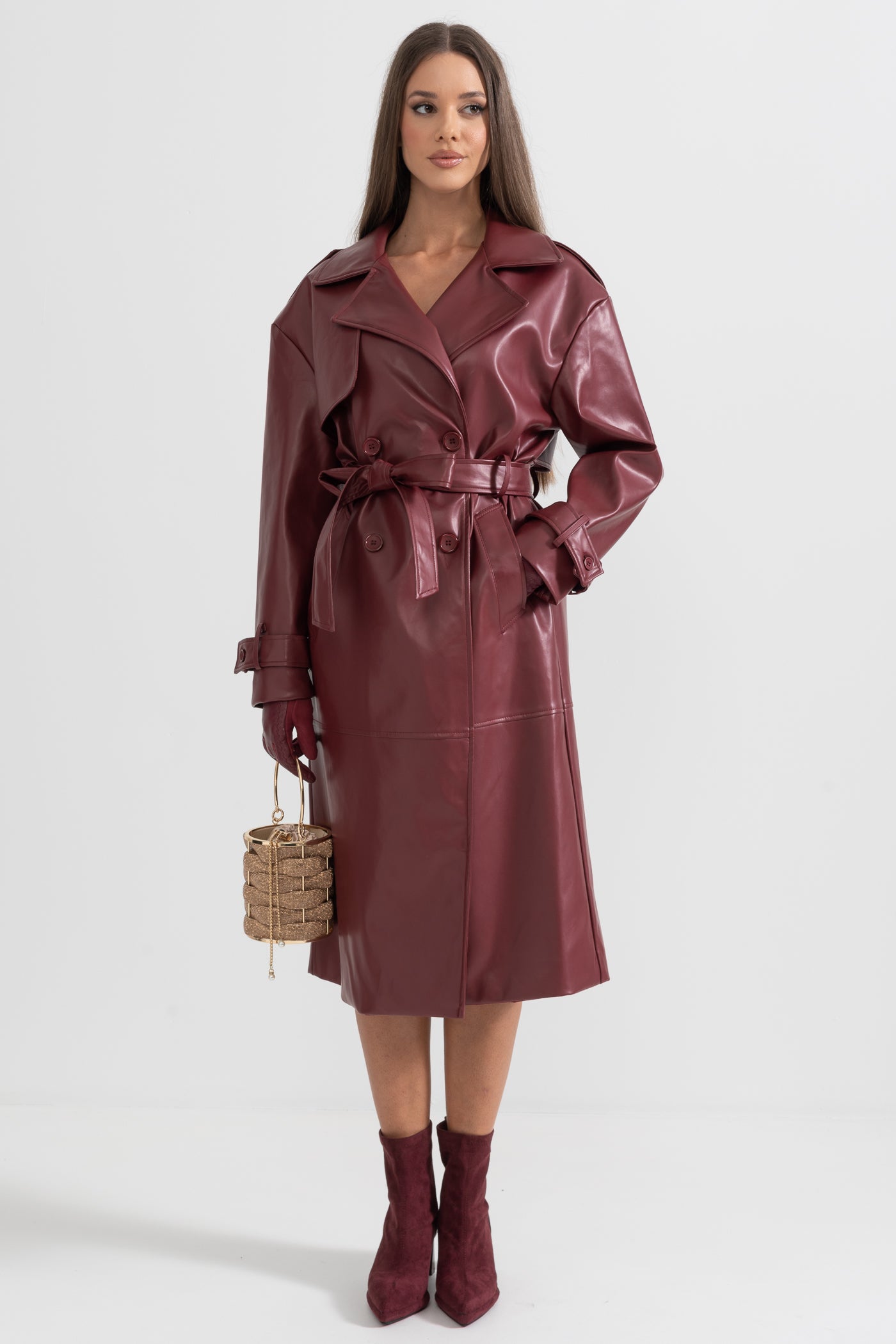 Vegan Leather Trench Coat - Burgundy