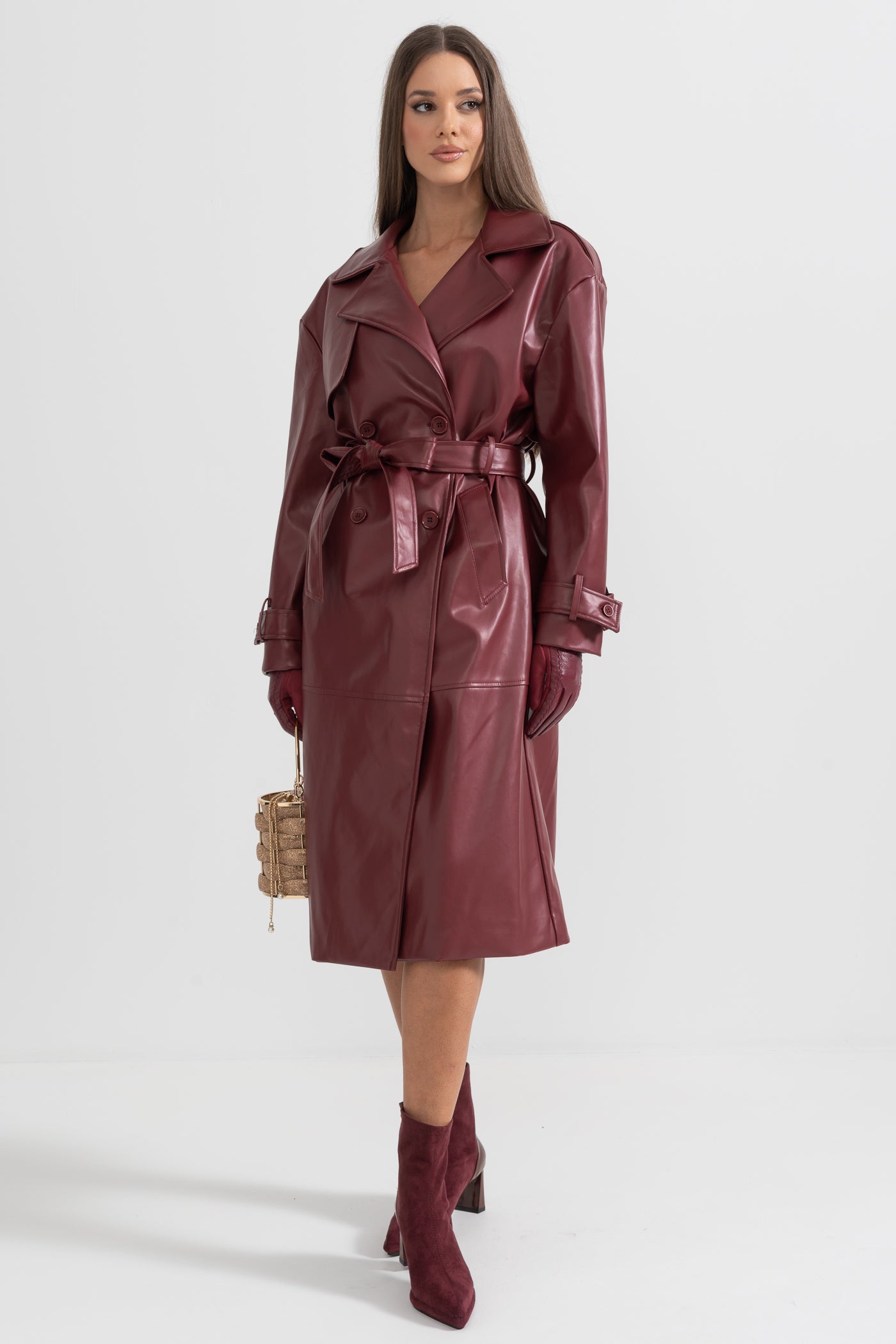 Vegan Leather Trench Coat - Burgundy