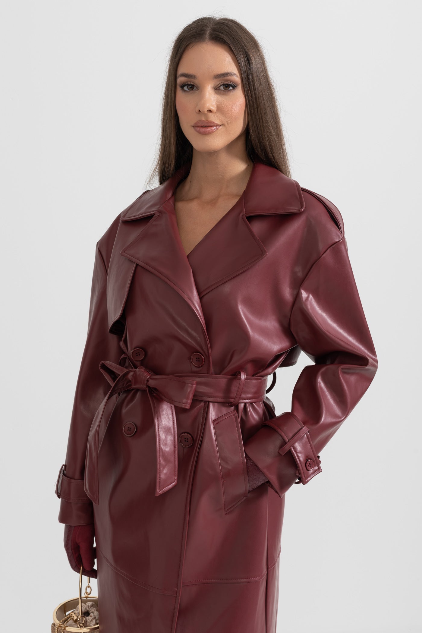 Vegan Leather Trench Coat - Burgundy