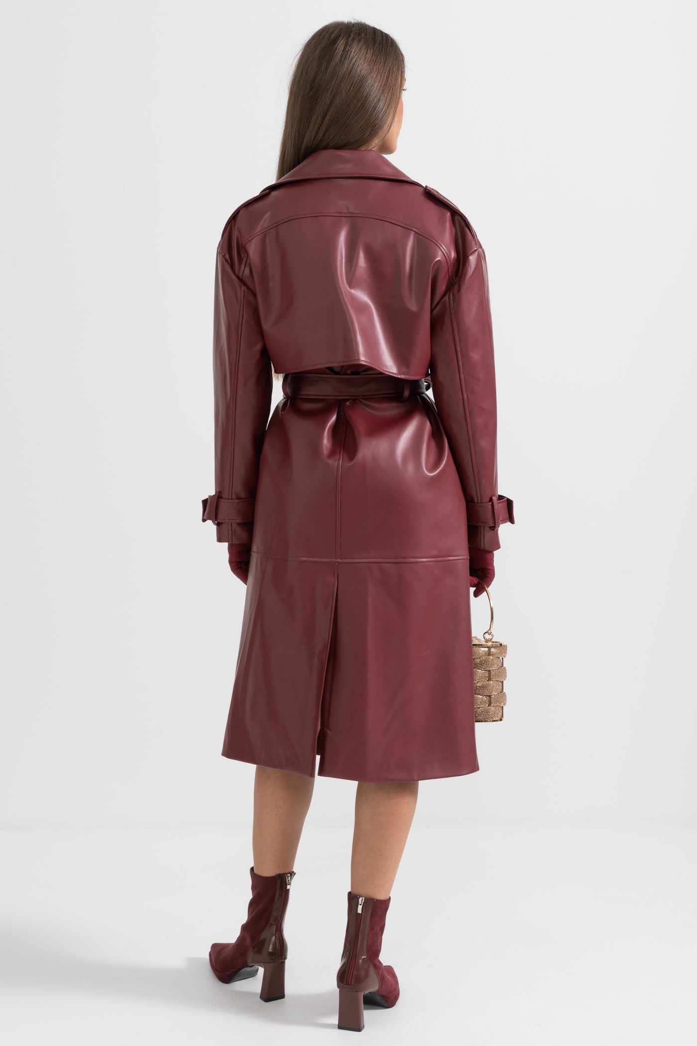 Vegan Leather Trench Coat - Burgundy