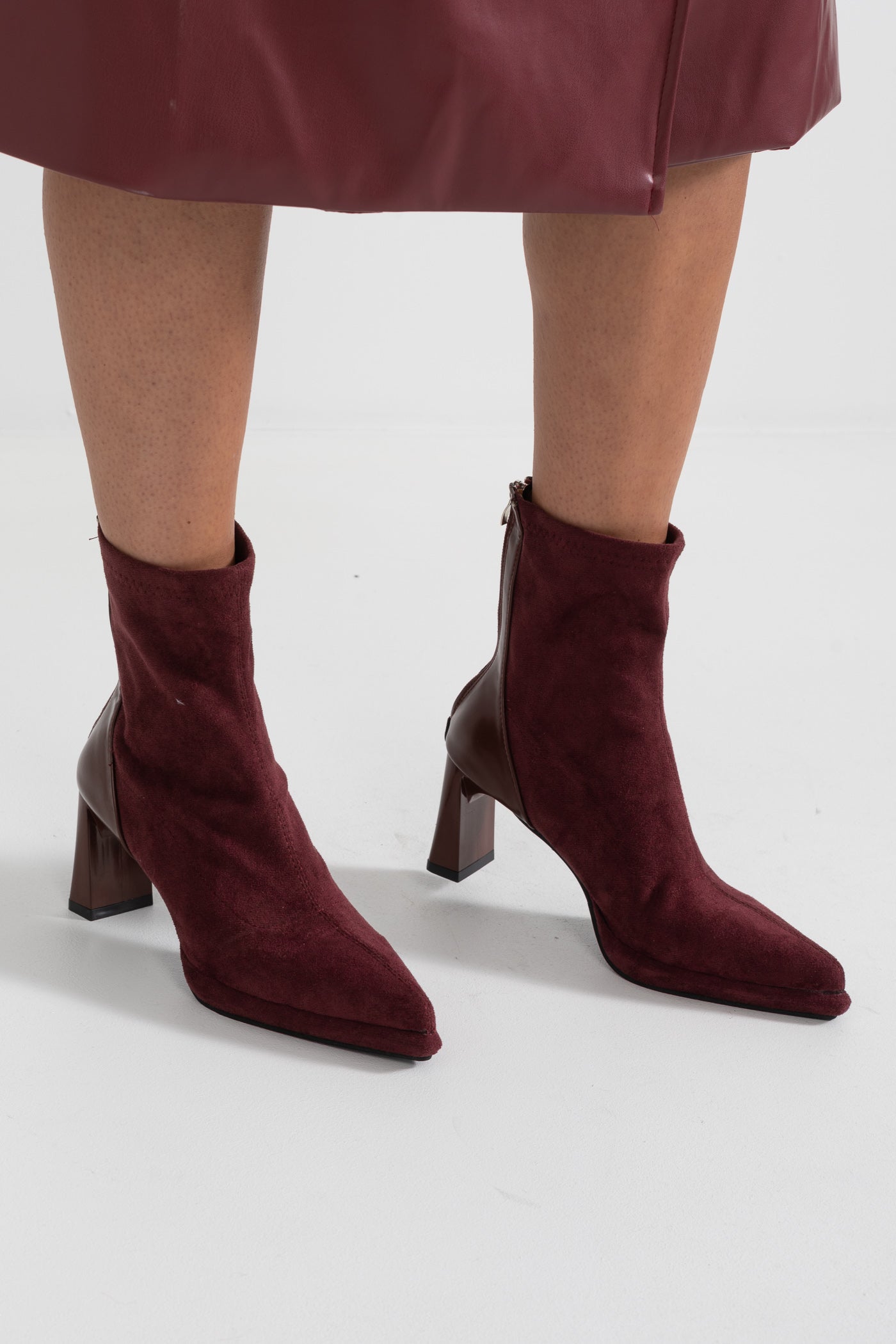 Glossy Heel Suede Ankle Boot Burgundy