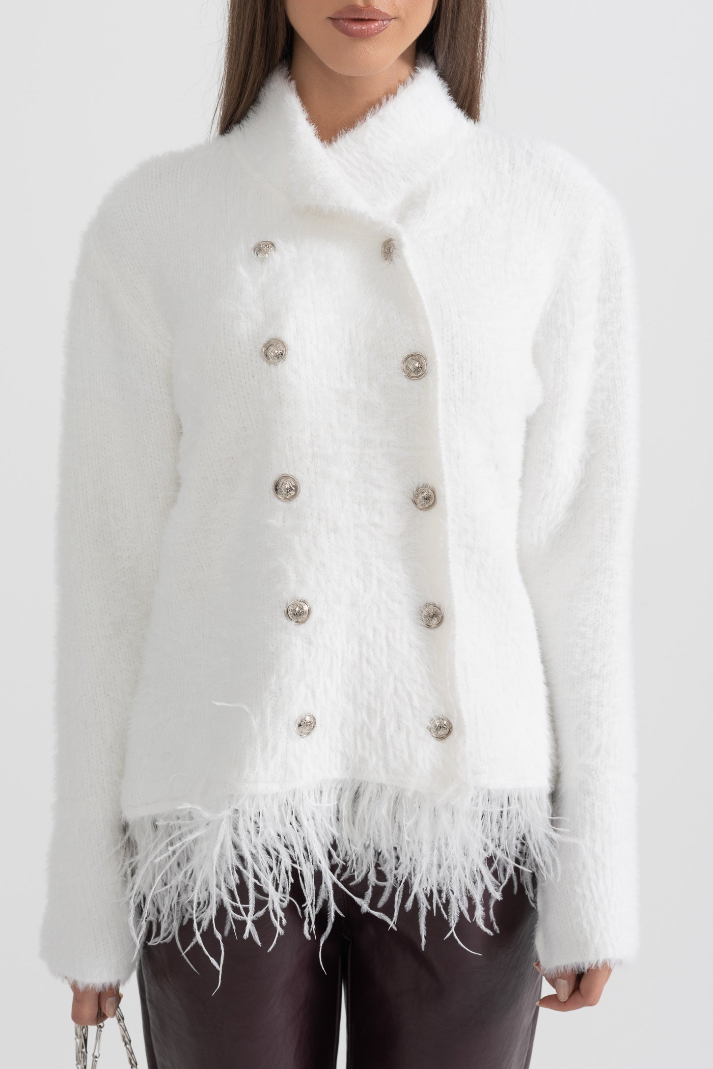 Double Breasted Textured Jacket With Fringed Hem - White