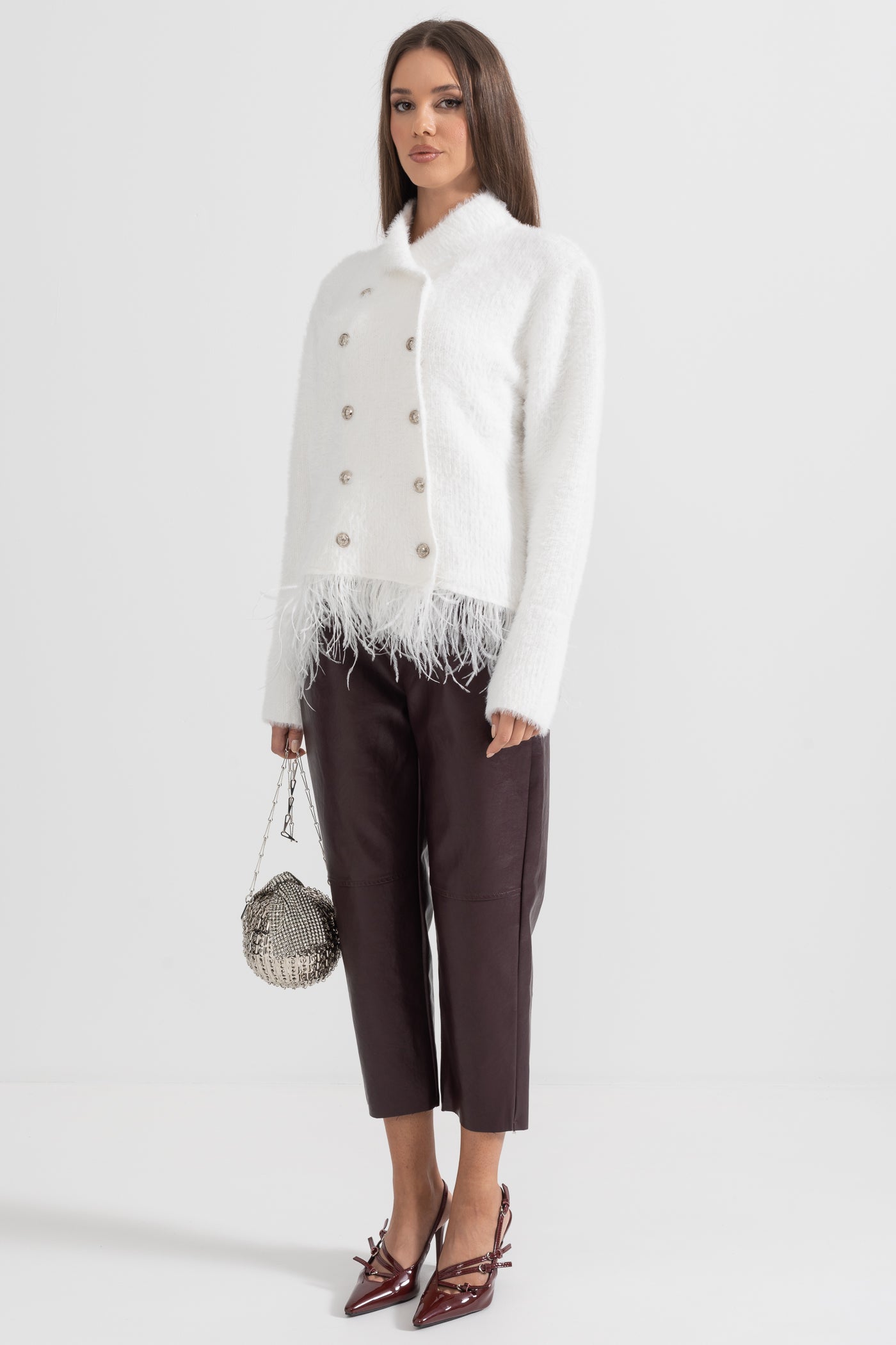 Double Breasted Textured Jacket With Fringed Hem - White