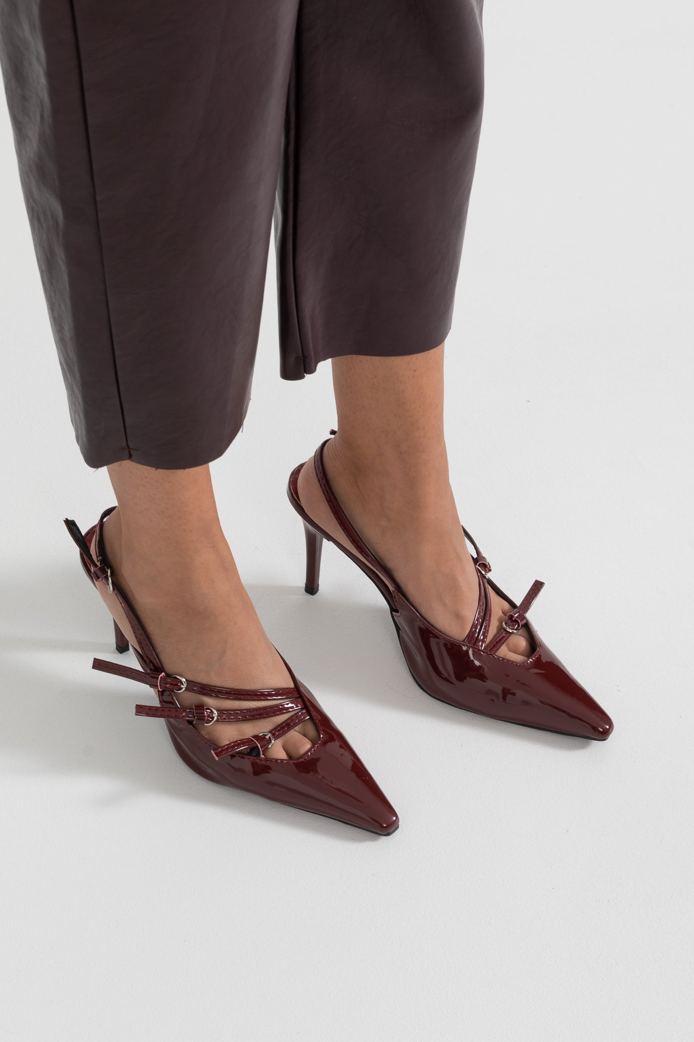 Glossy Slingback Heels - Burgundy