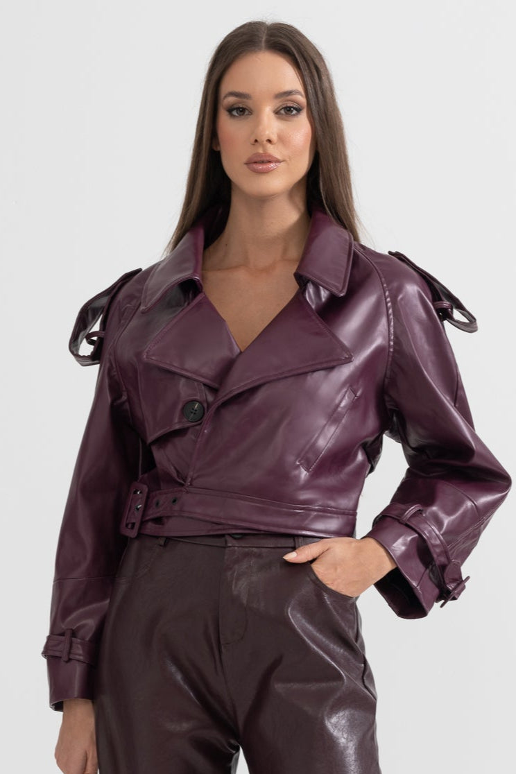 Double Breasted Vegan Leather Jacket - Burgundy