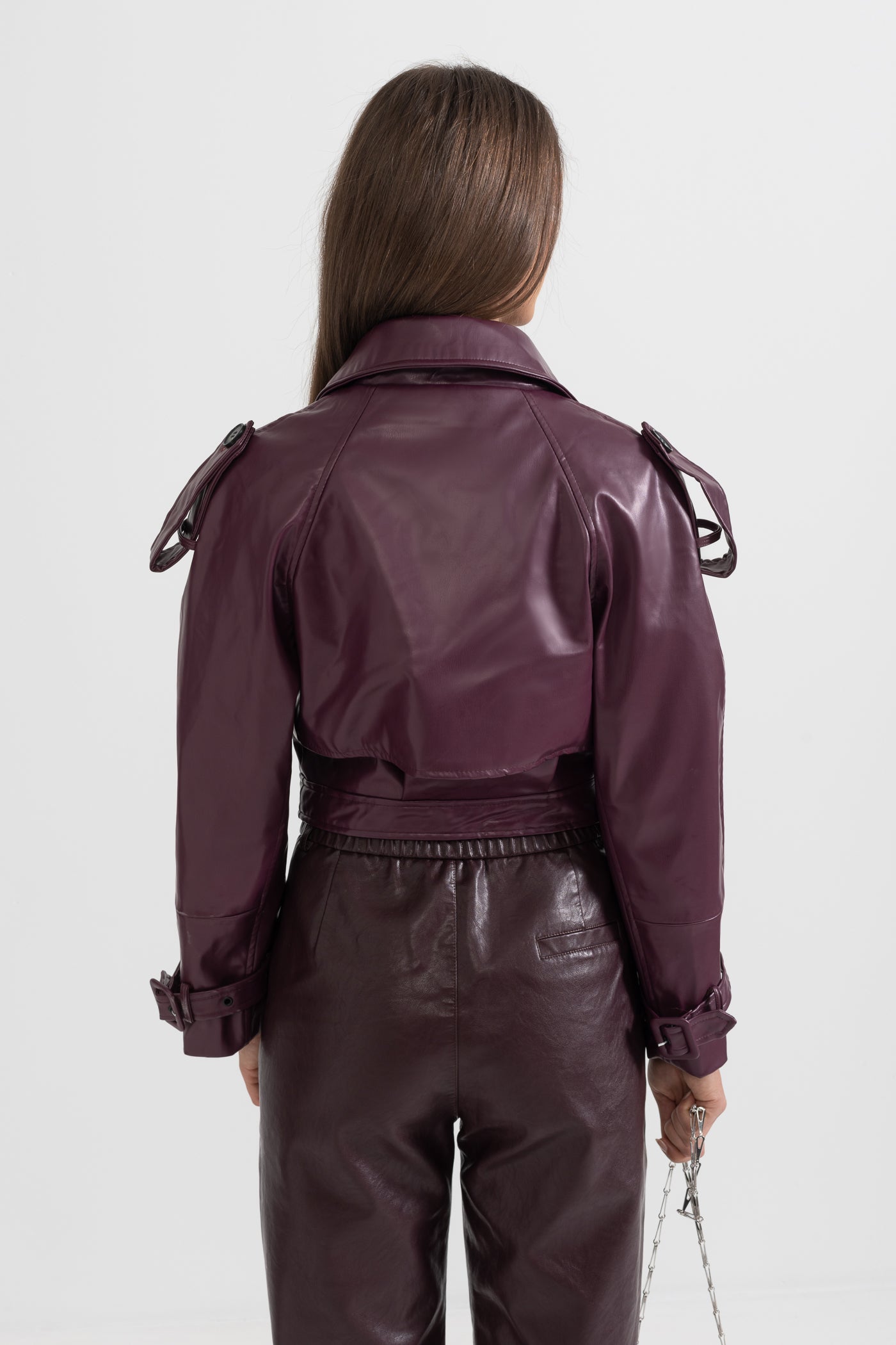 Double Breasted Vegan Leather Jacket - Burgundy