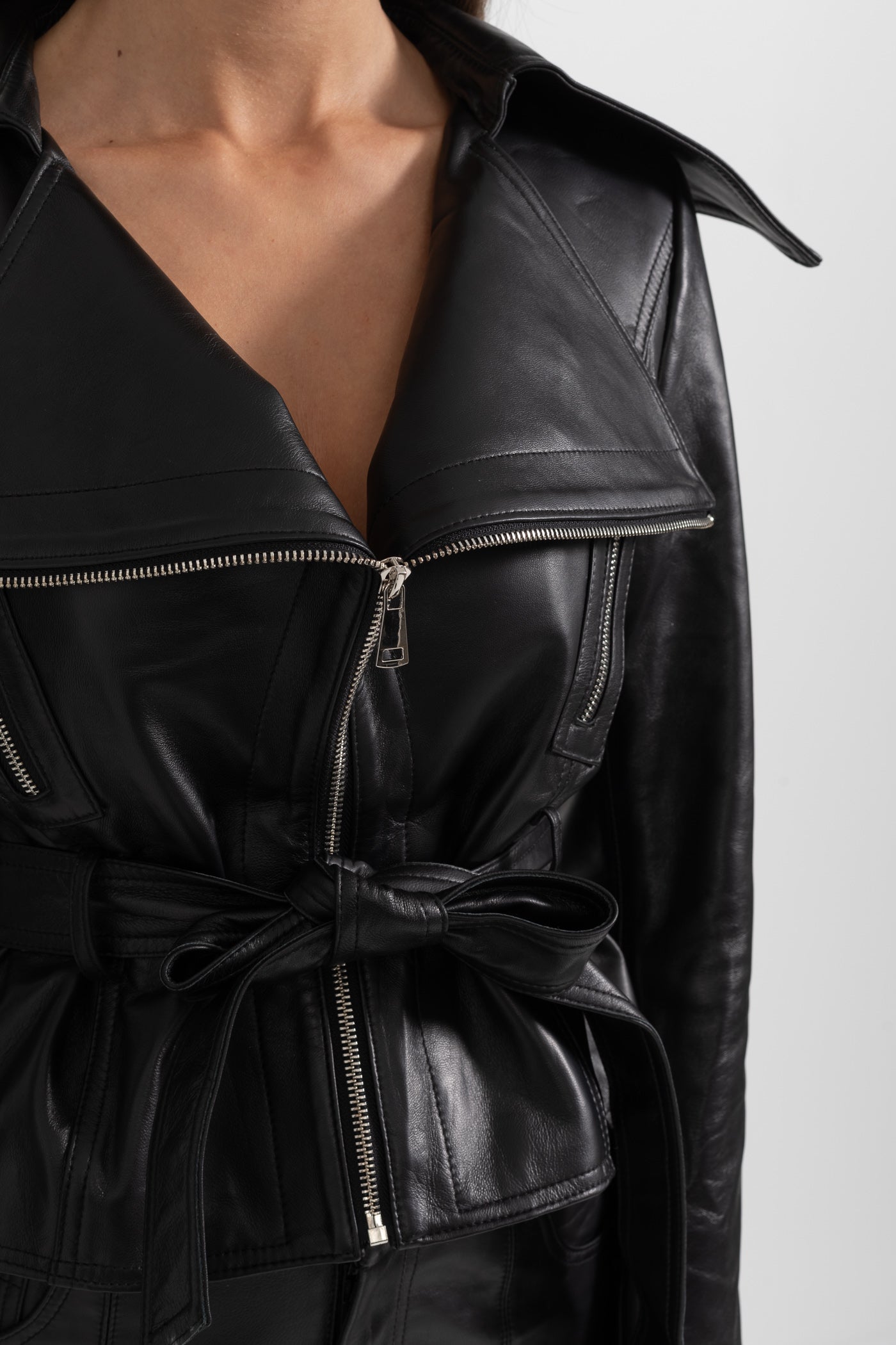 Wide Lapel Leather Jacket With Belt - Black