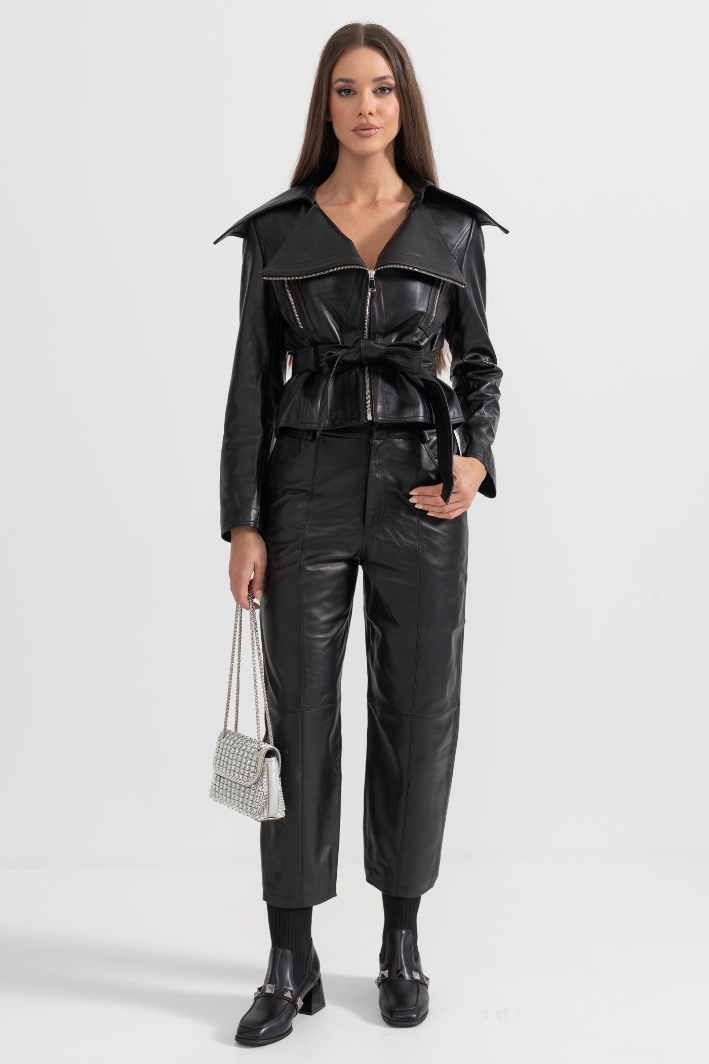 Wide Lapel Leather Jacket With Belt - Black