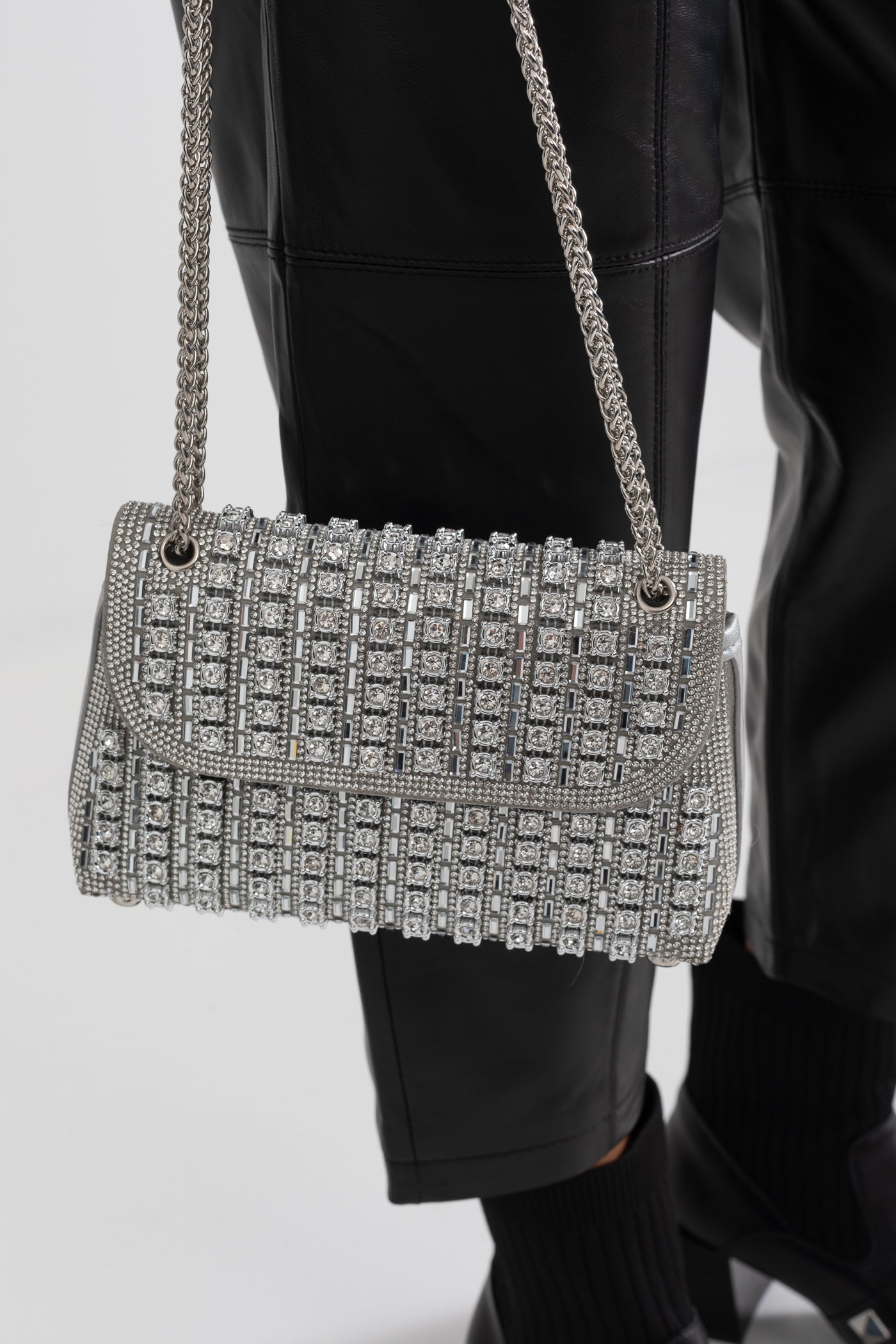 Glistening Woven Handbag With Shimmering Rhinestone Embellishments - Silver