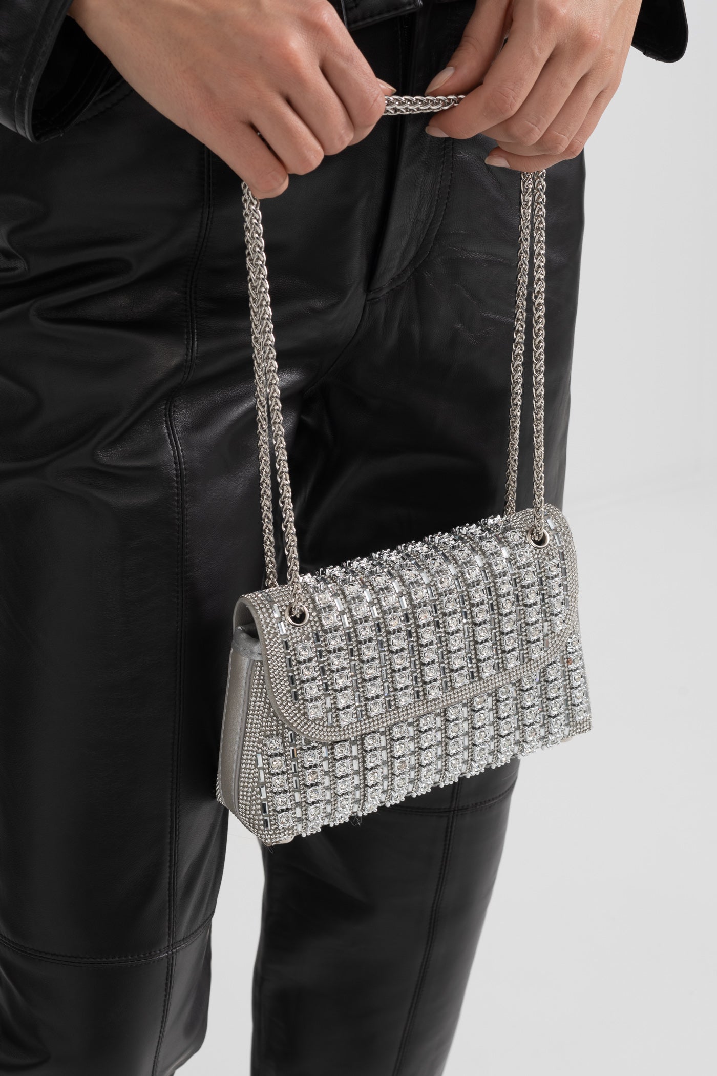 Glistening Woven Handbag With Shimmering Rhinestone Embellishments - Silver