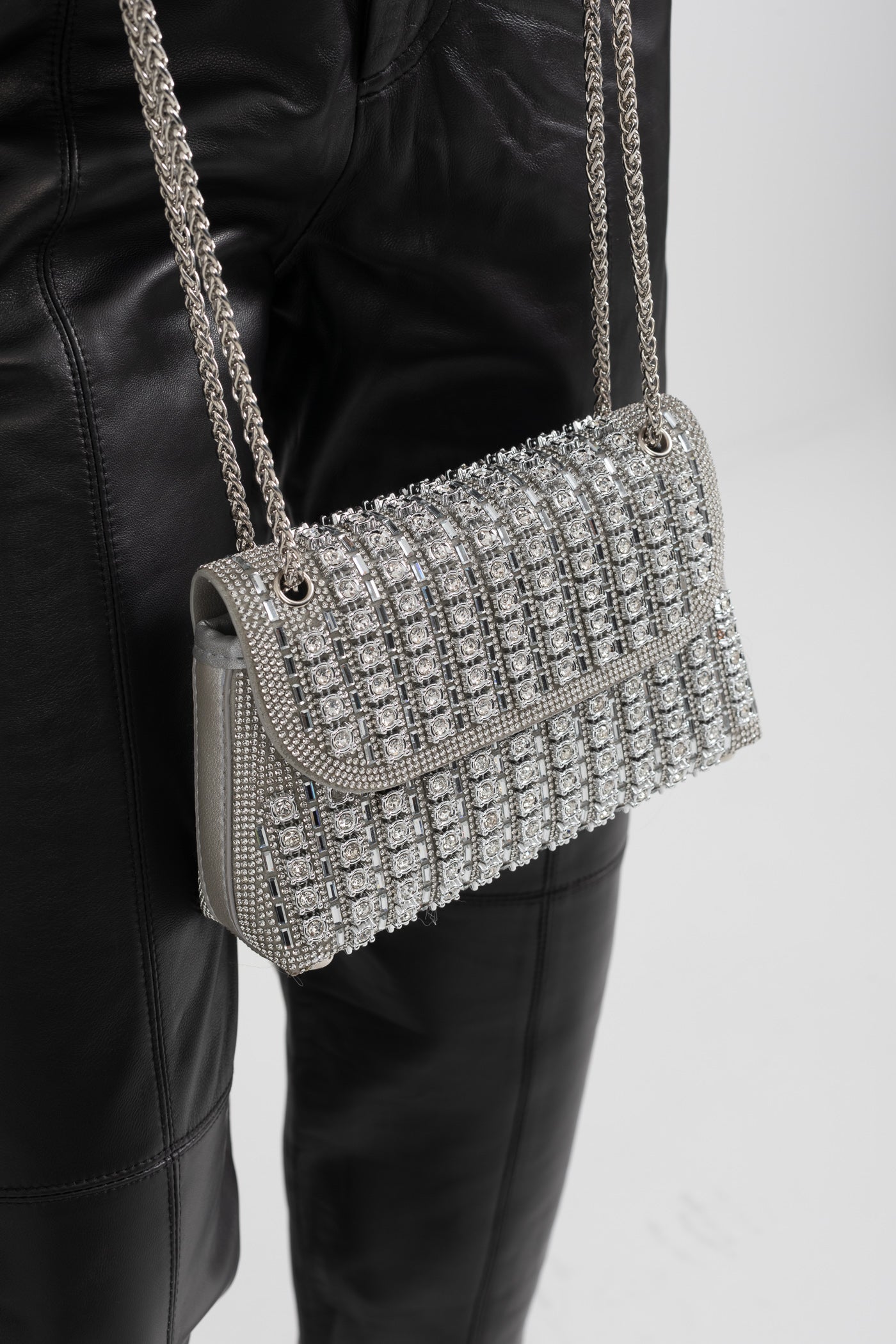 Glistening Woven Handbag With Shimmering Rhinestone Embellishments - Silver