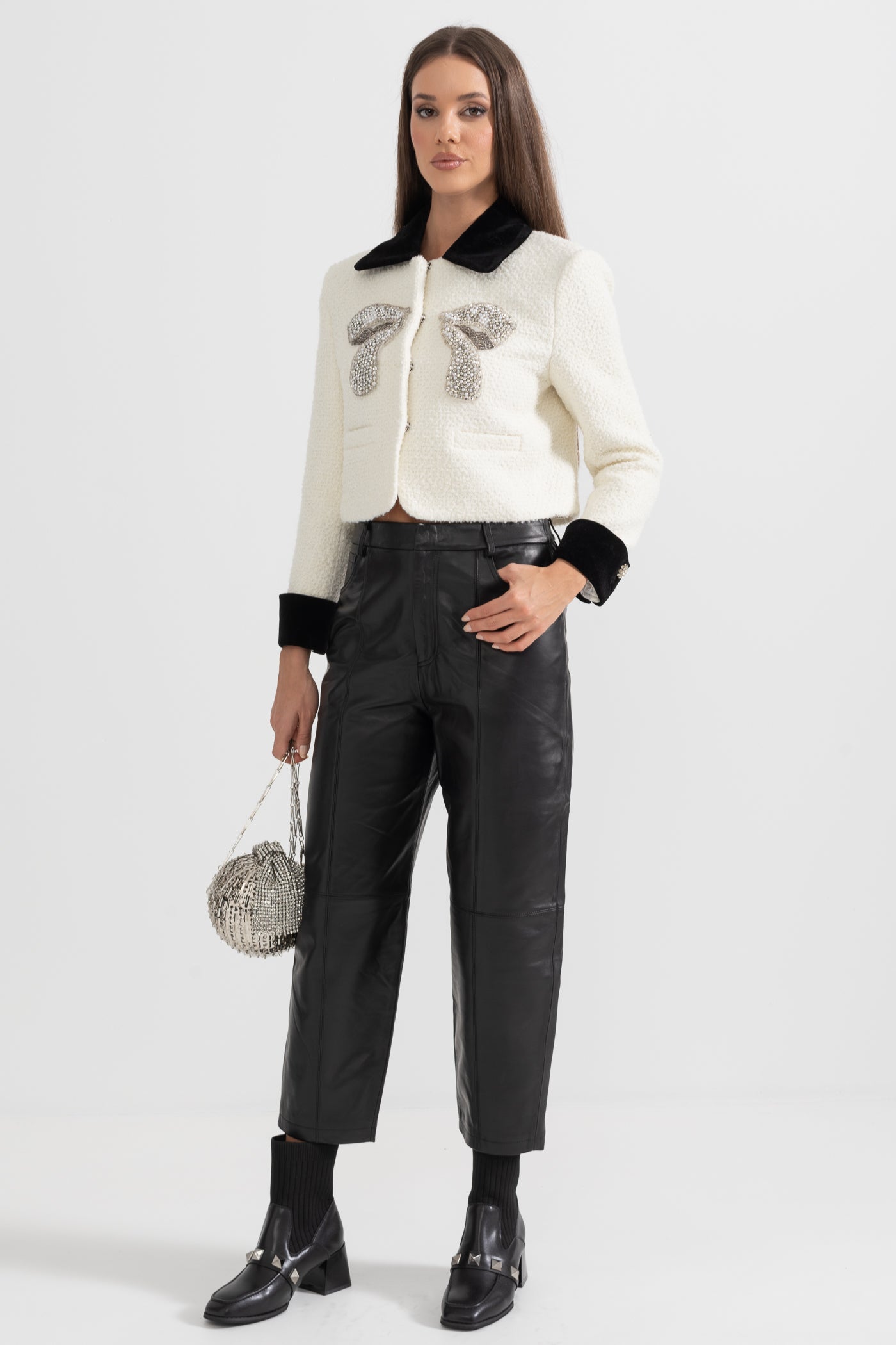 Tweed Blazer With Contrasting Elements And Metallic Bow Accent - White