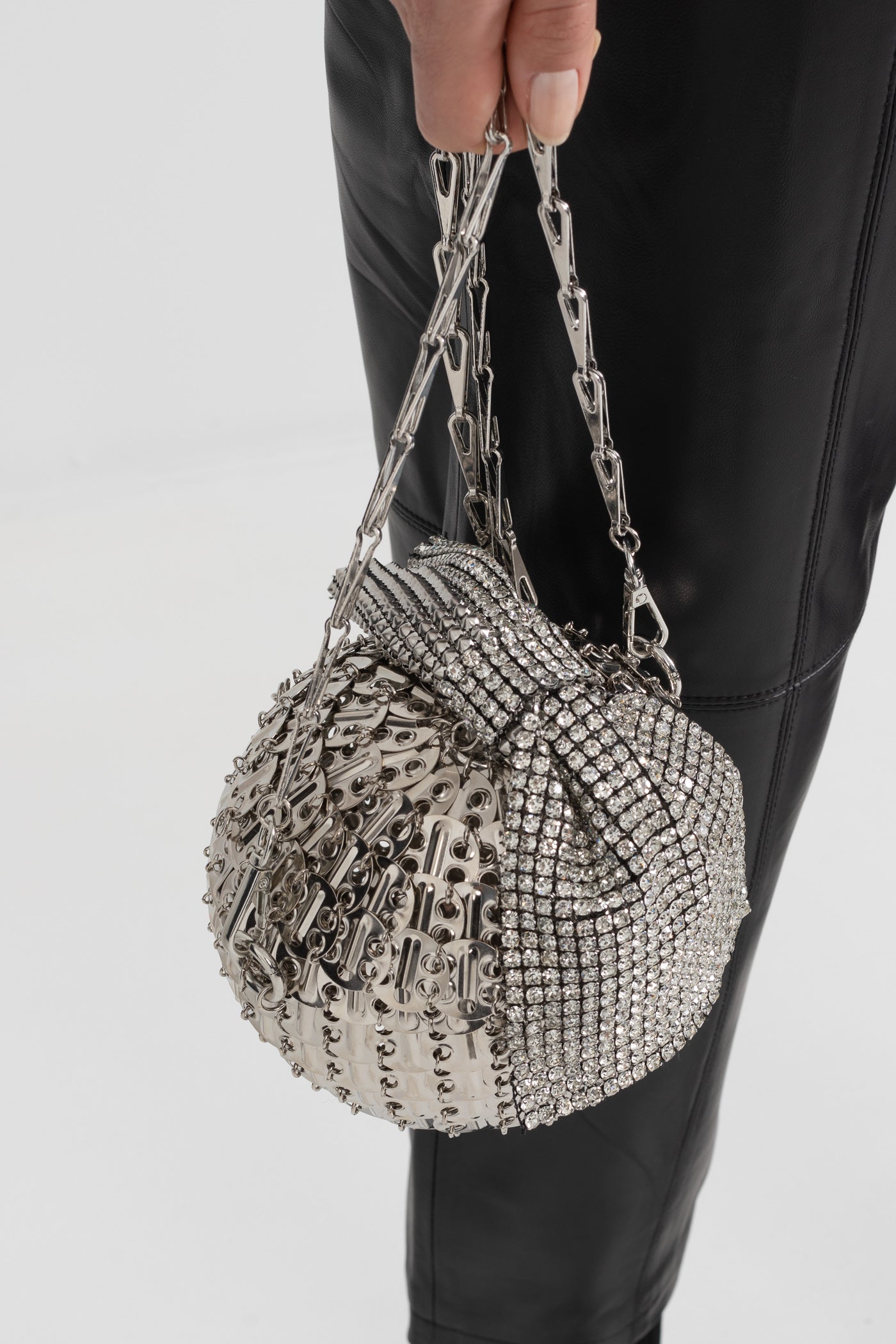 Spherical Metallic Handbag With Shimmering Embellishments - Silver