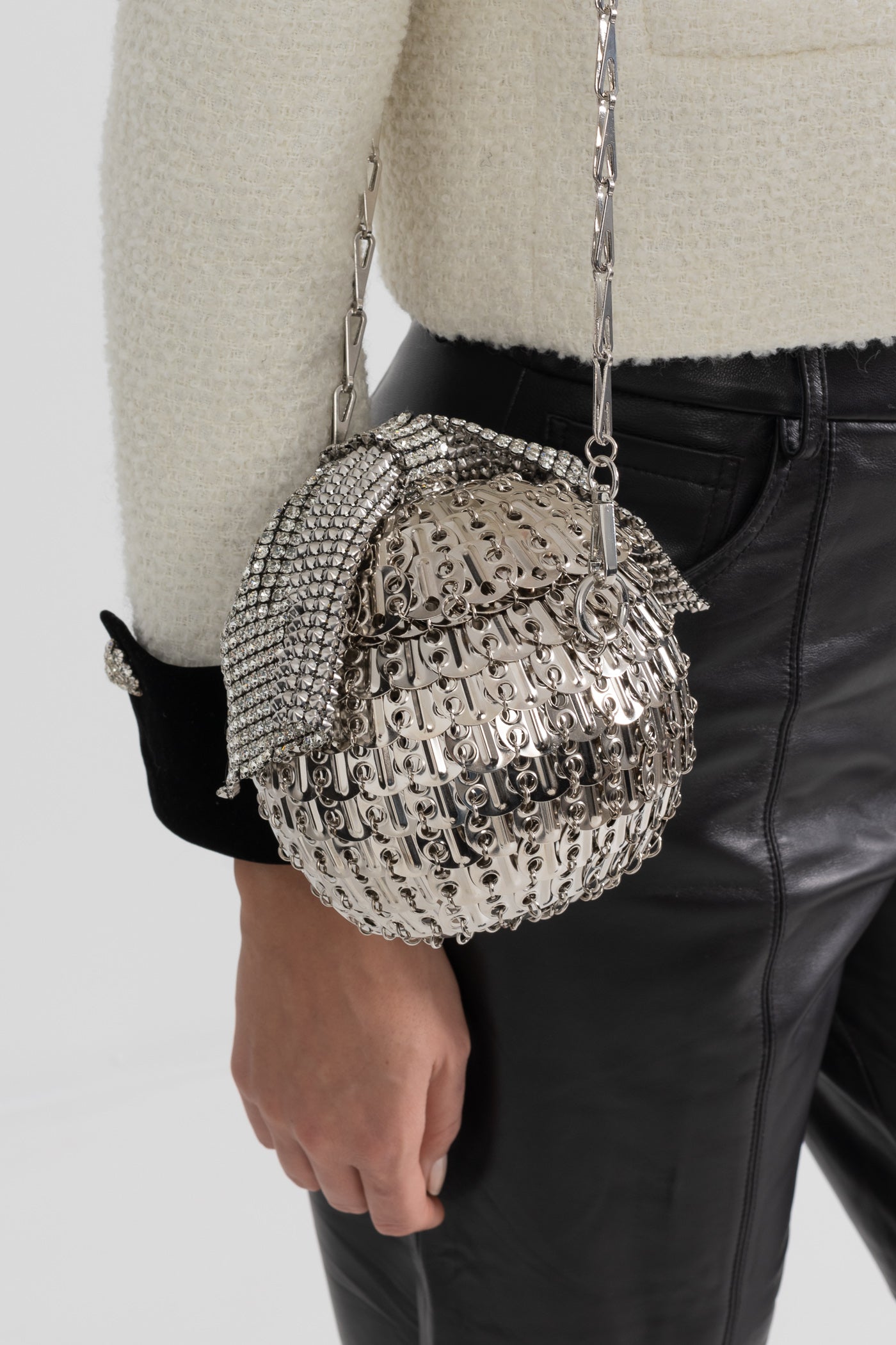 Spherical Metallic Handbag With Shimmering Embellishments - Silver