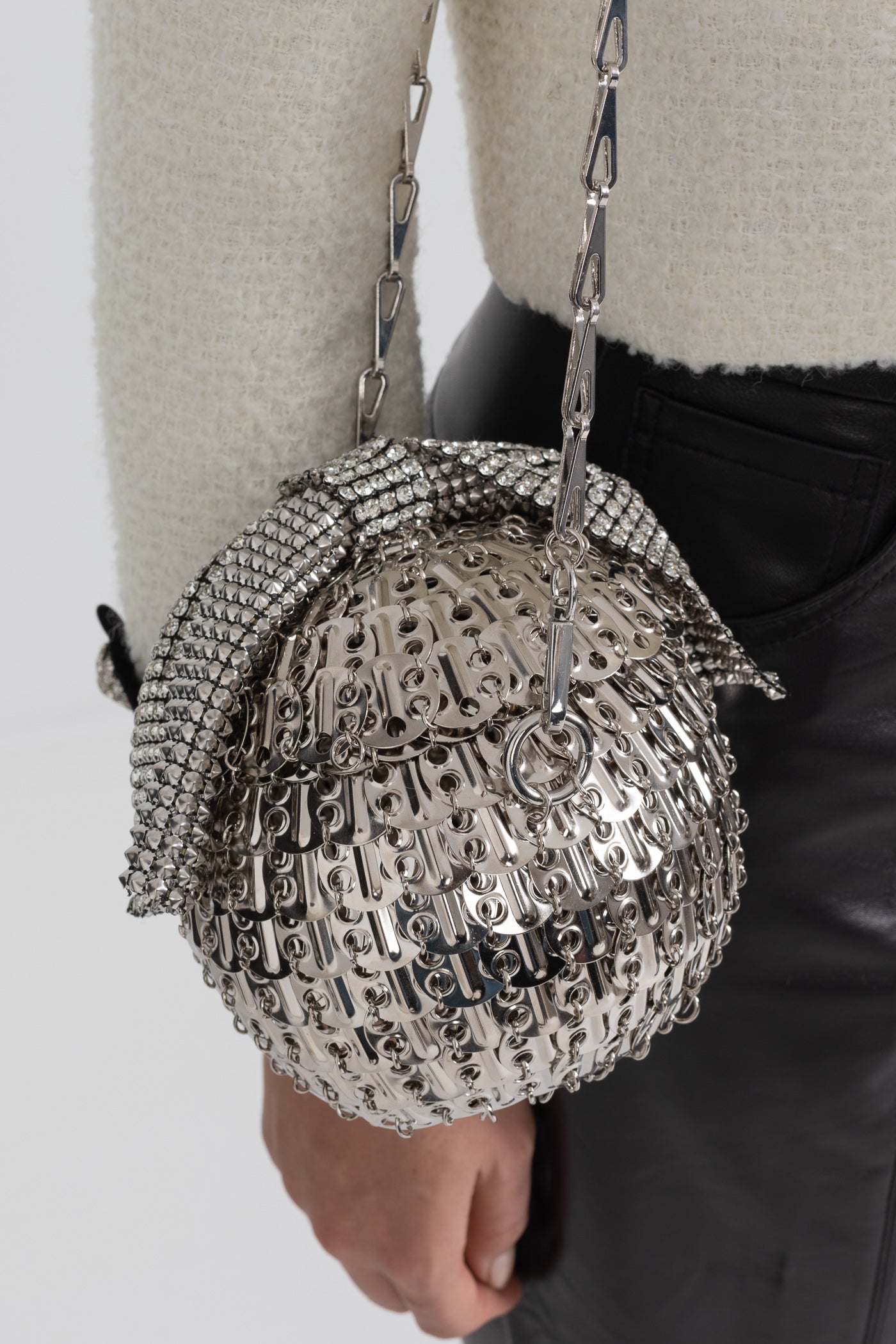 Spherical Metallic Handbag With Shimmering Embellishments - Silver