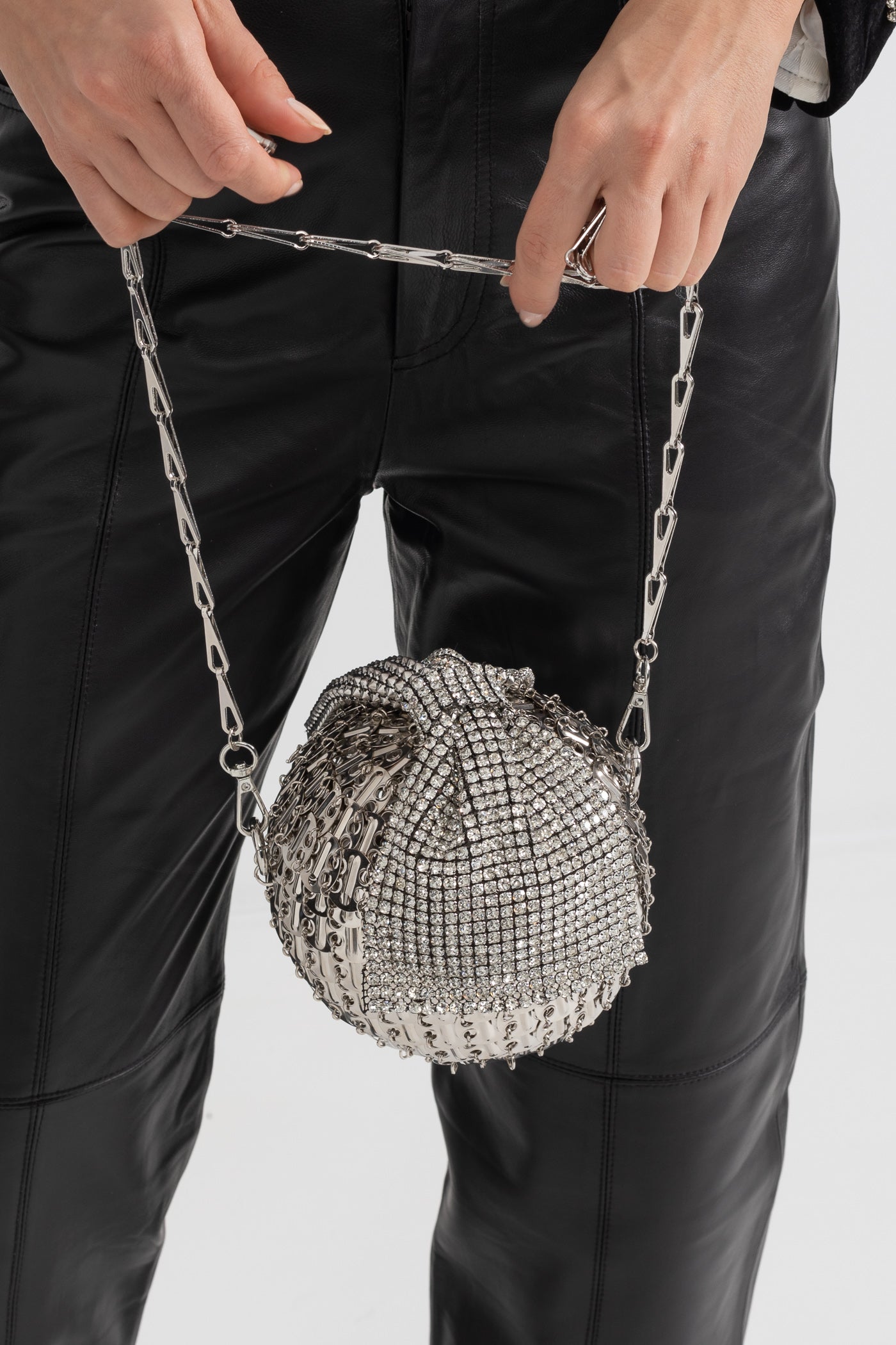 Spherical Metallic Handbag With Shimmering Embellishments - Silver