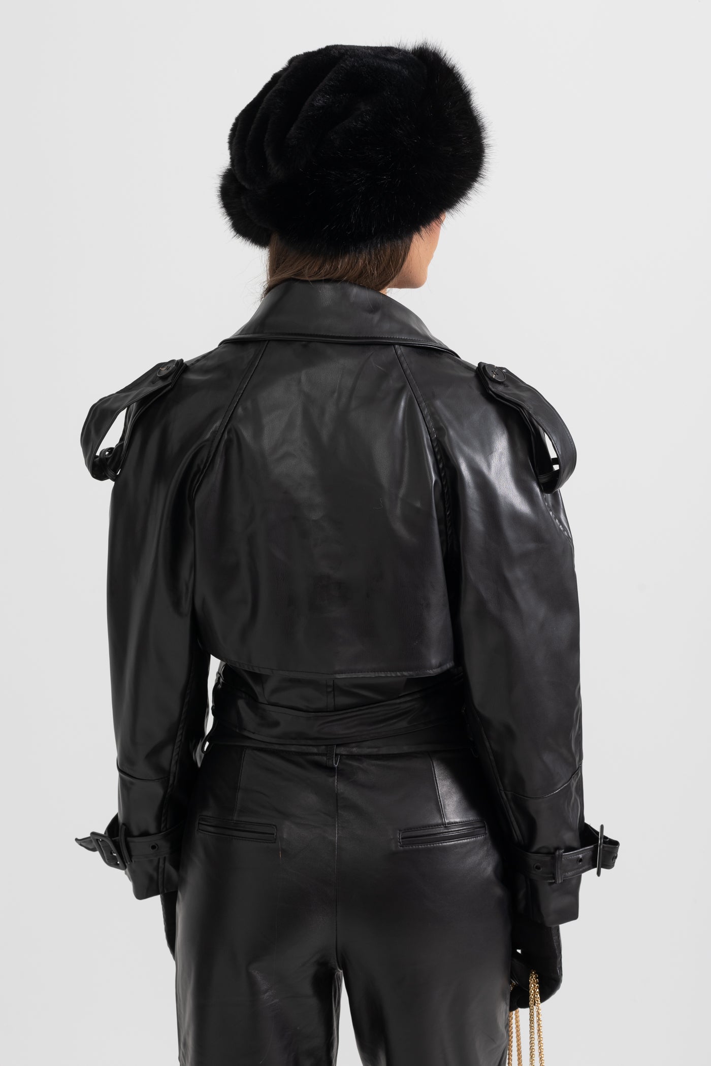 Double Breasted Vegan Leather Jacket - Black