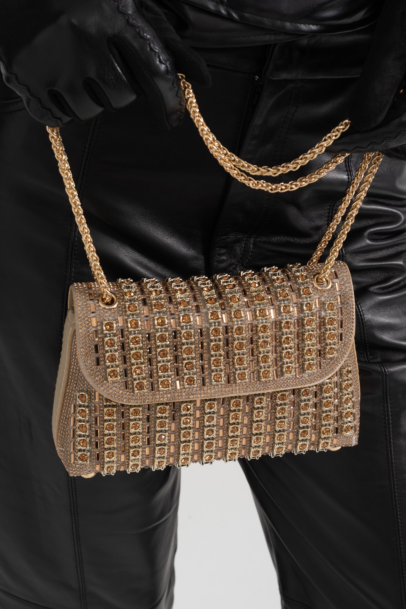 Glistening Woven Handbag With Shimmering Rhinestone Embellishments - Gold