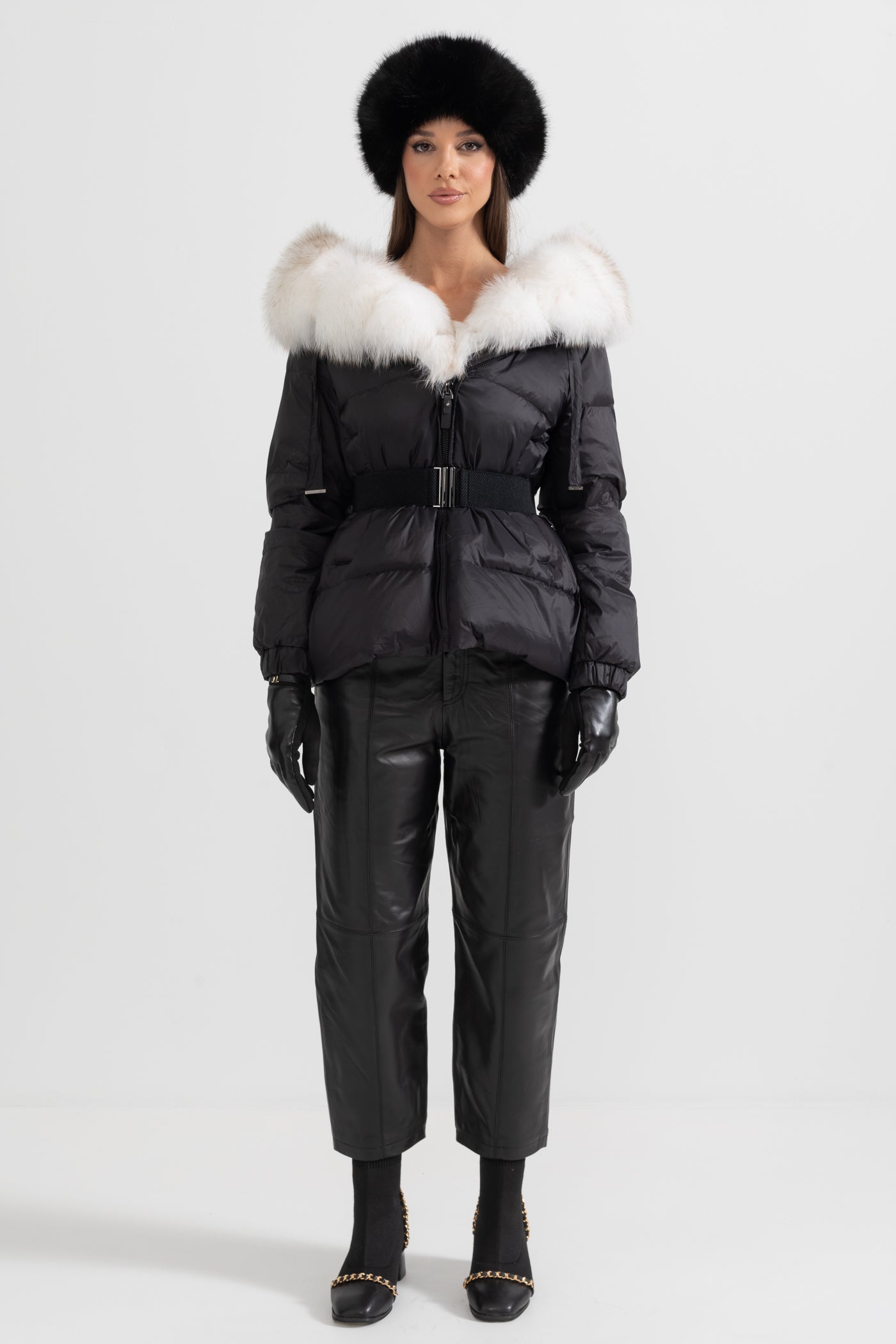 Puffer Jacket With Waistbelt And White Fox Fur-Lined Hood - Black