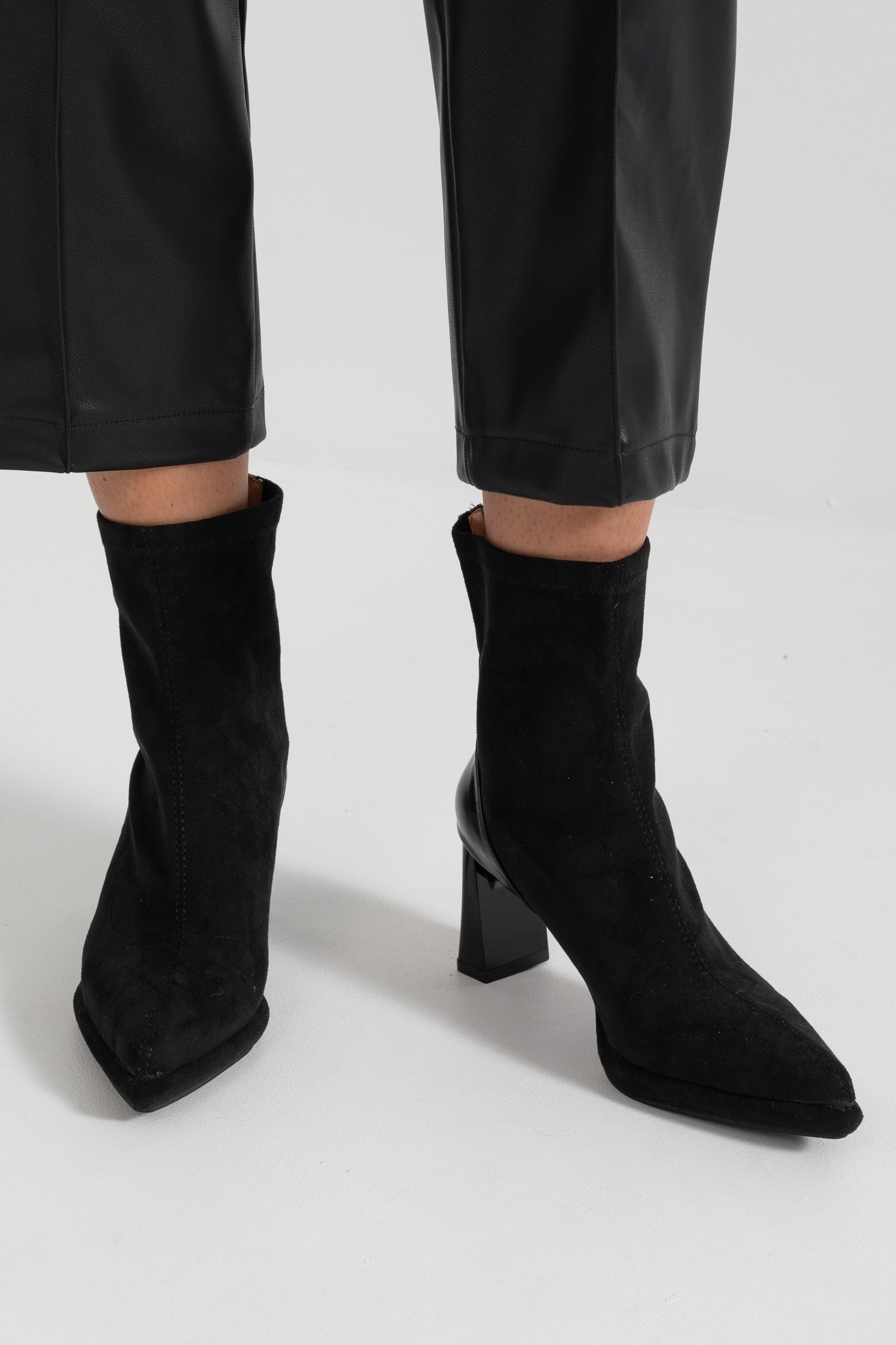 Glossy Heel Suede Ankle Boot - Black