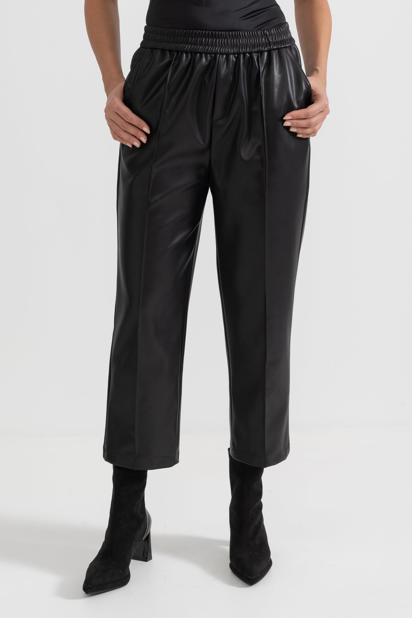 Vegan Leather Trousers With Elastic Waistband - Black