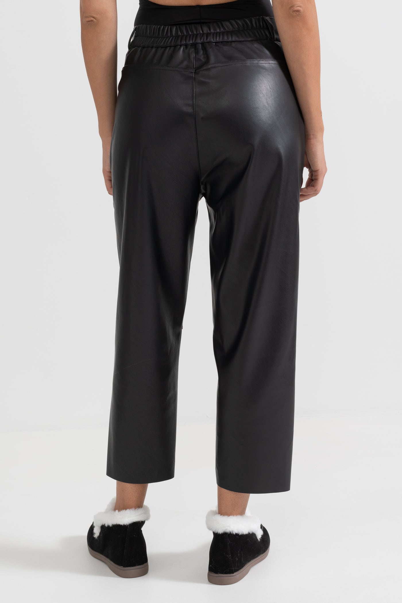 Cropped Vegan Leather Trousers - Black