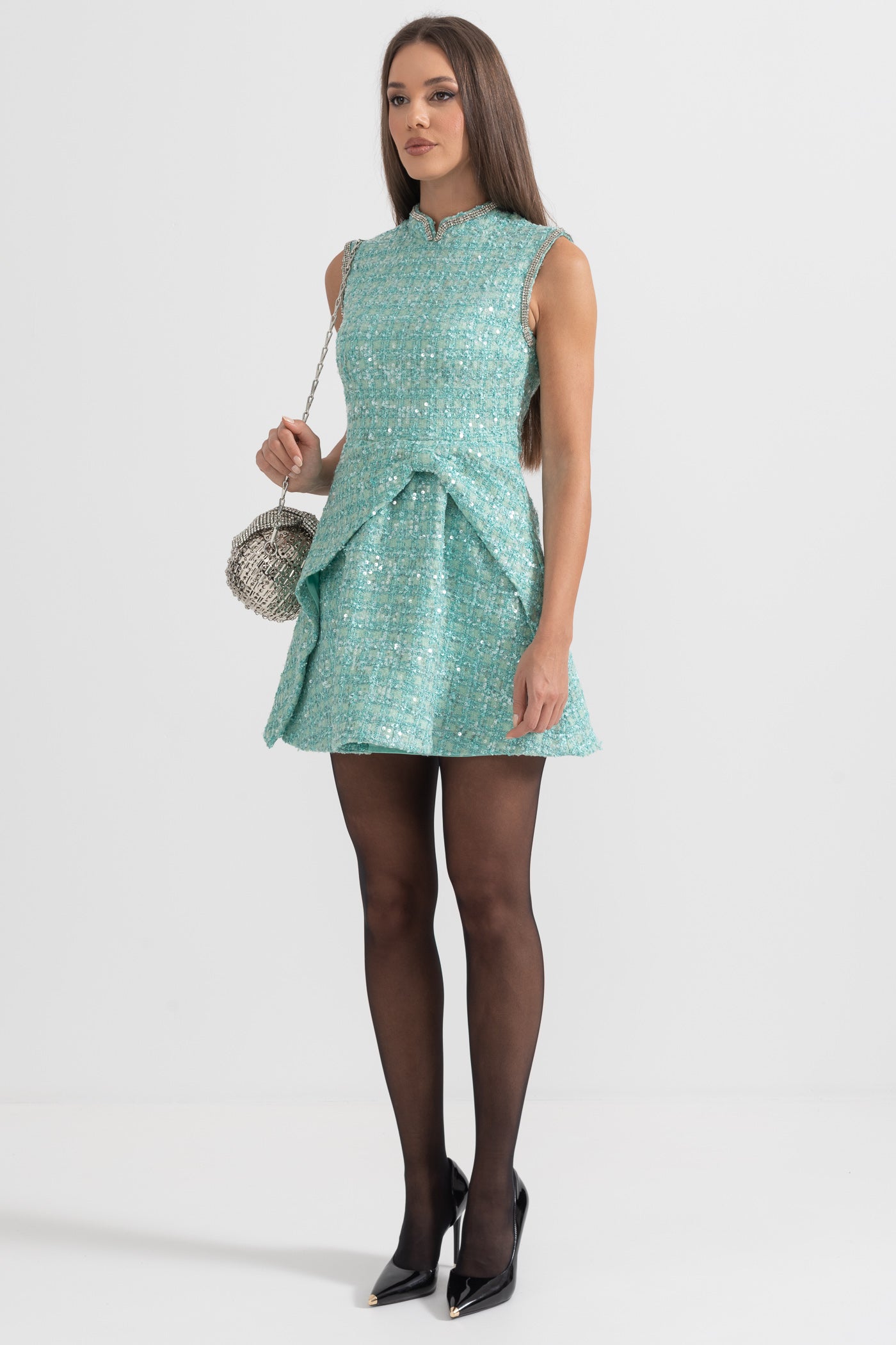 Short Knitted Texture Dress - Turquoise