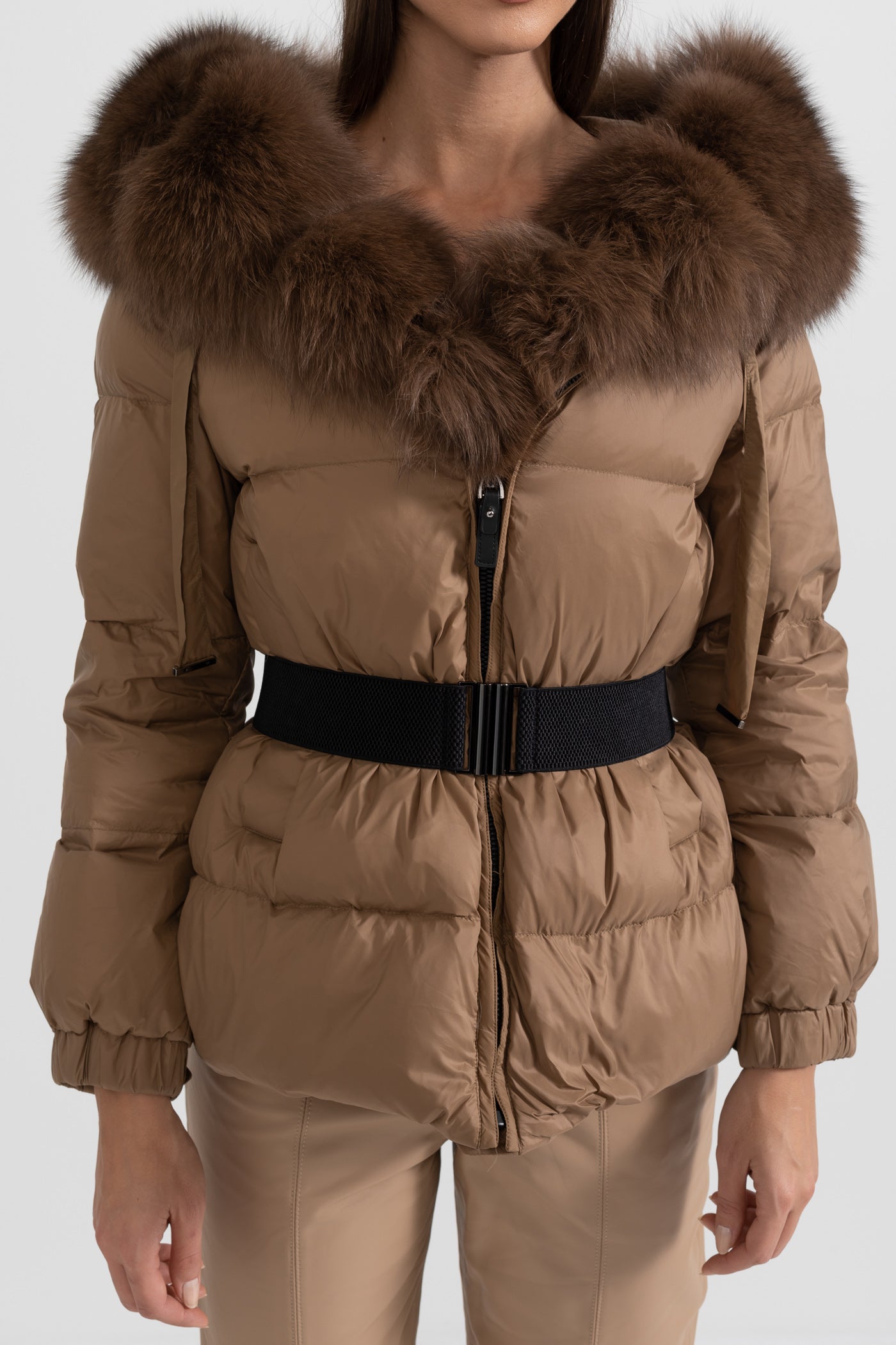 Puffer Jacket With Waistbelt And Brown Fox Fur-Lined Hood - Brown