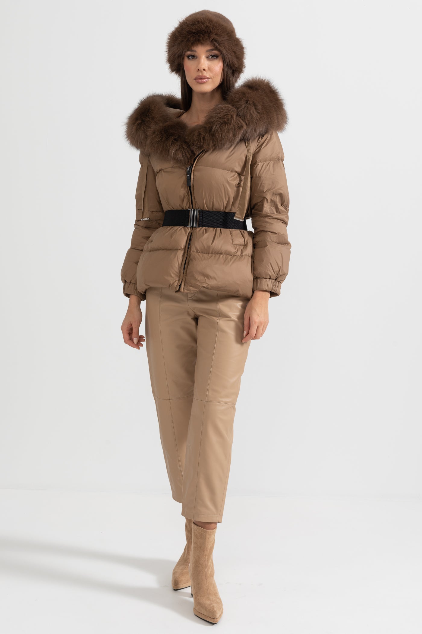 Puffer Jacket With Waistbelt And Brown Fox Fur-Lined Hood - Brown