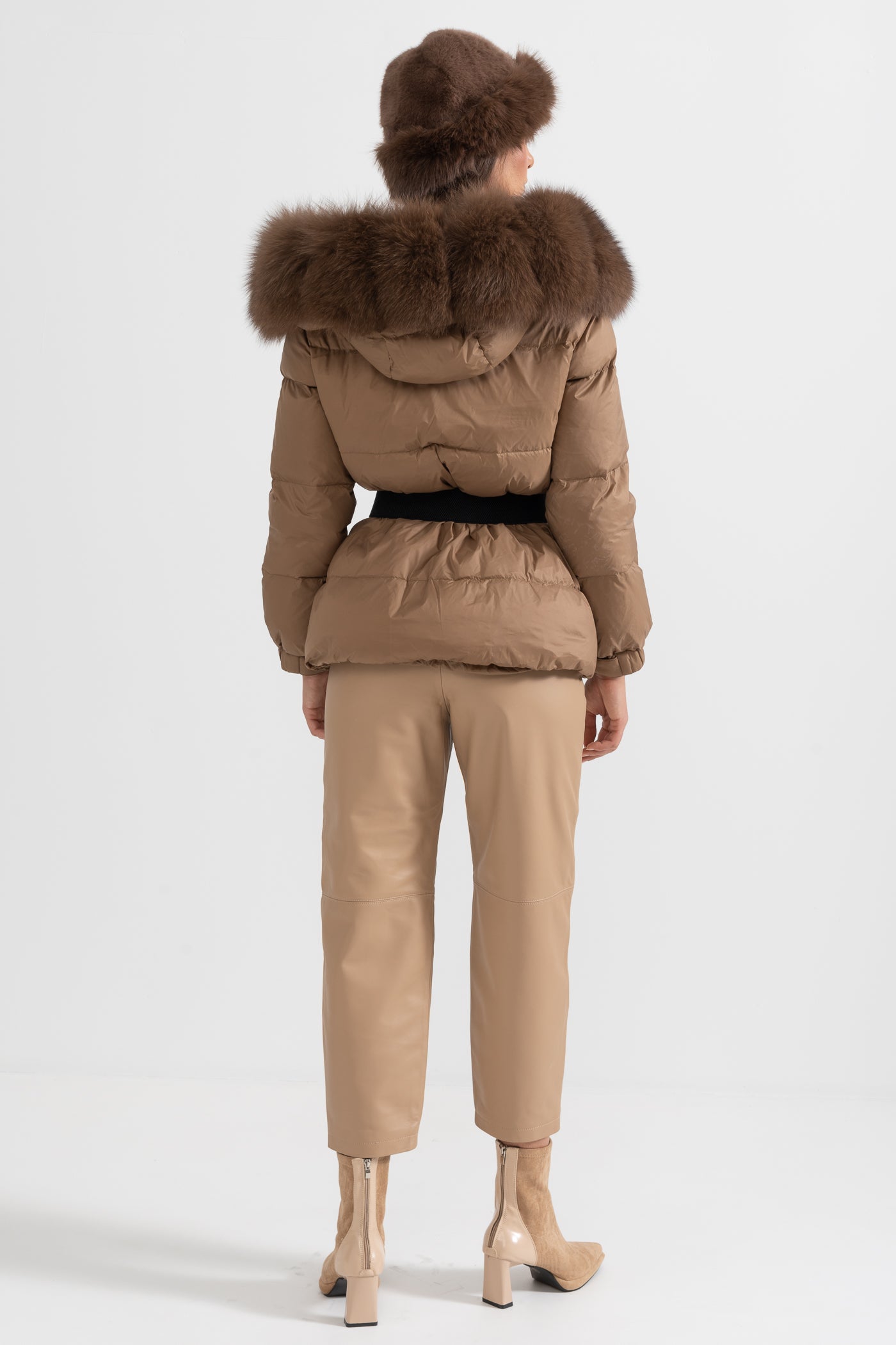 Puffer Jacket With Waistbelt And Brown Fox Fur-Lined Hood - Brown