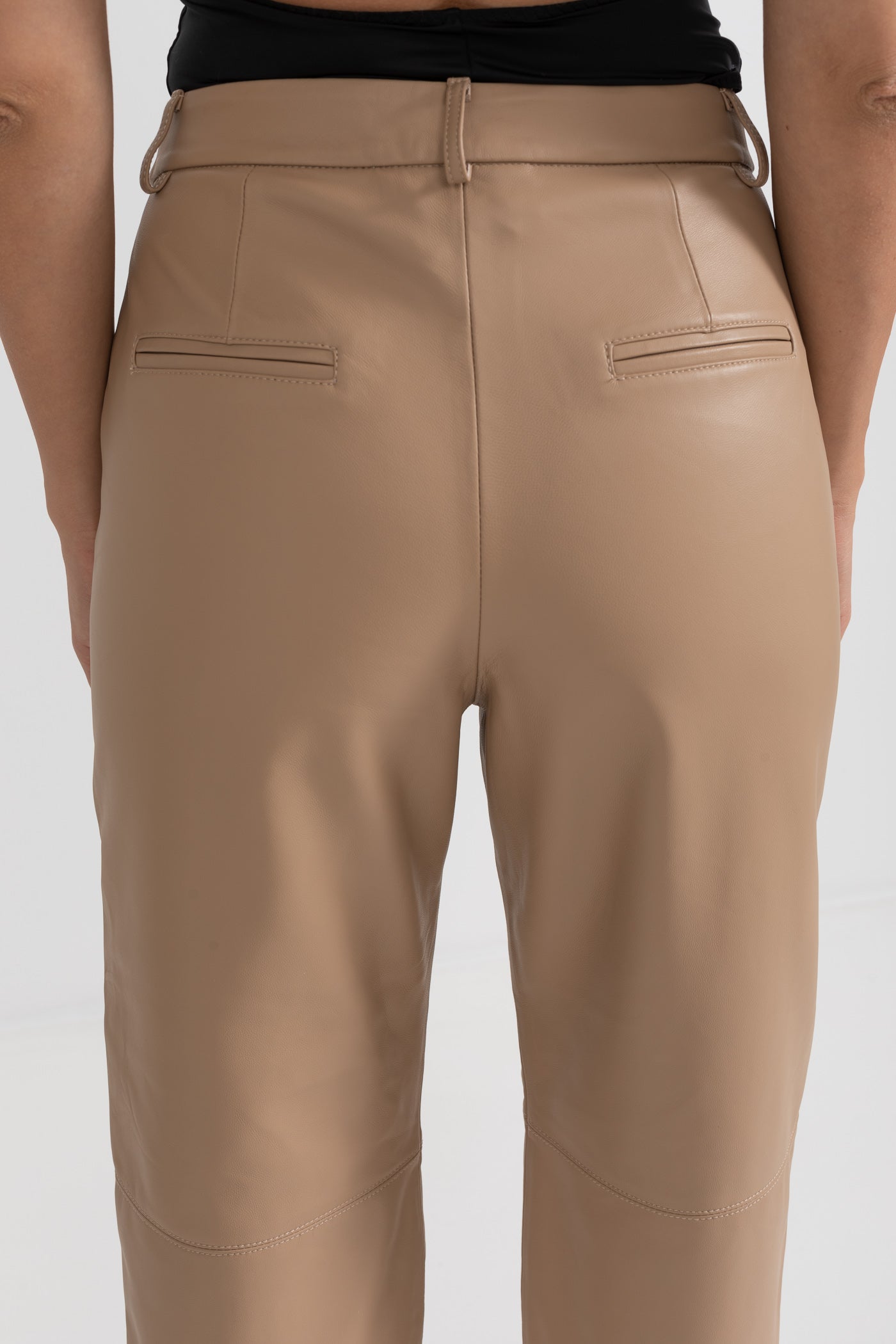 Leather Straight Leg Trousers With Decorative Stitching - Beige