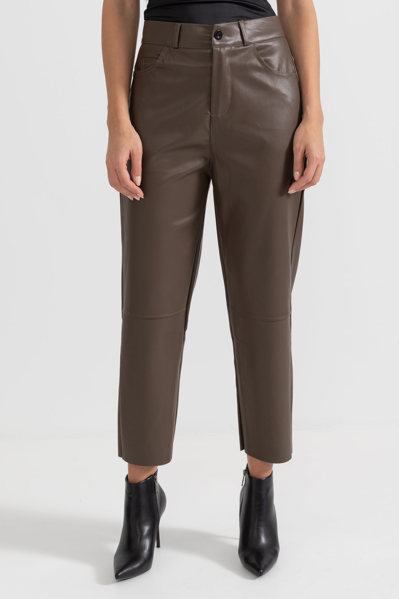 Cropped Vegan Leather Trousers - Brown