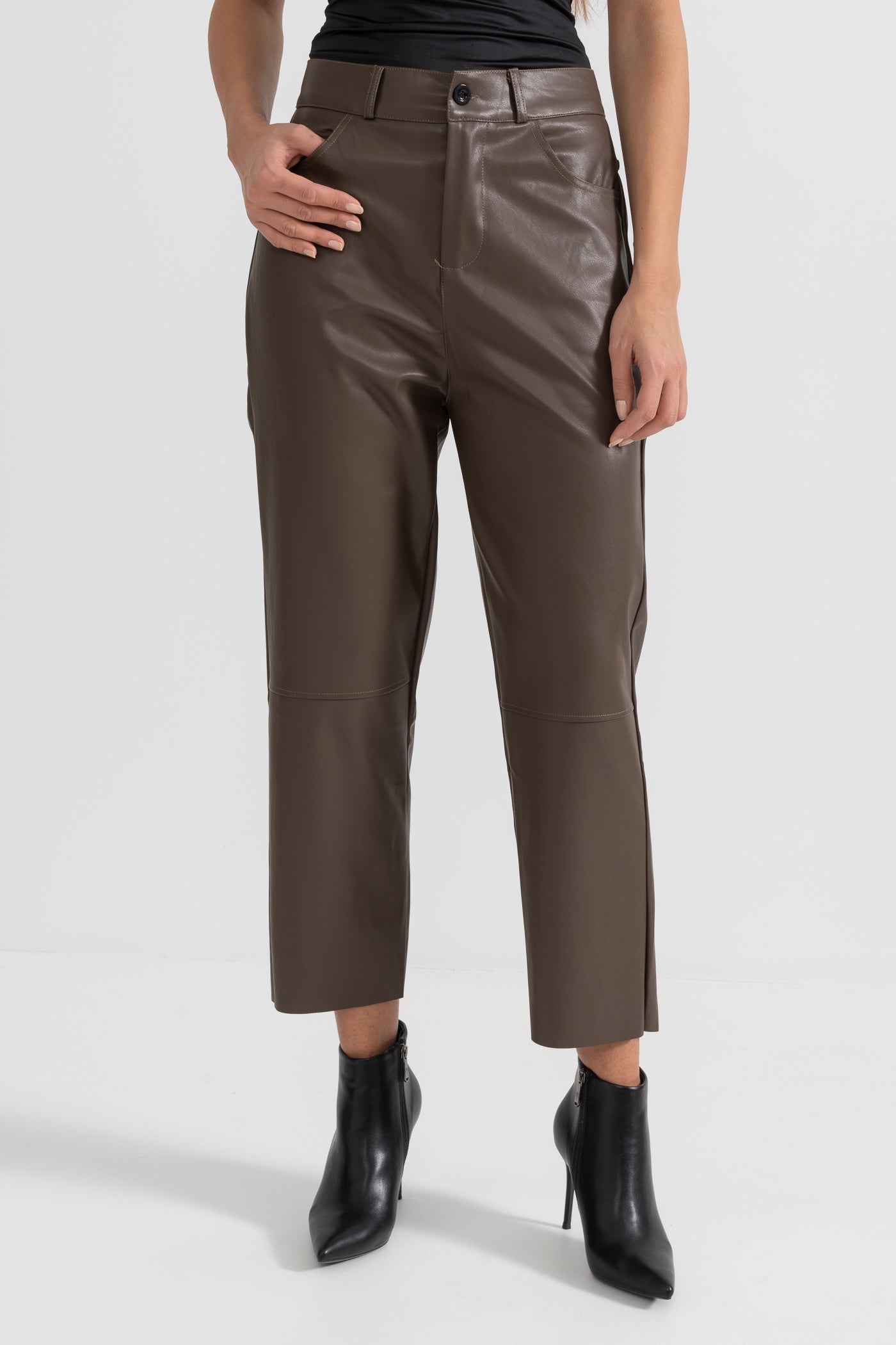 Cropped Vegan Leather Trousers Brown - Main Image