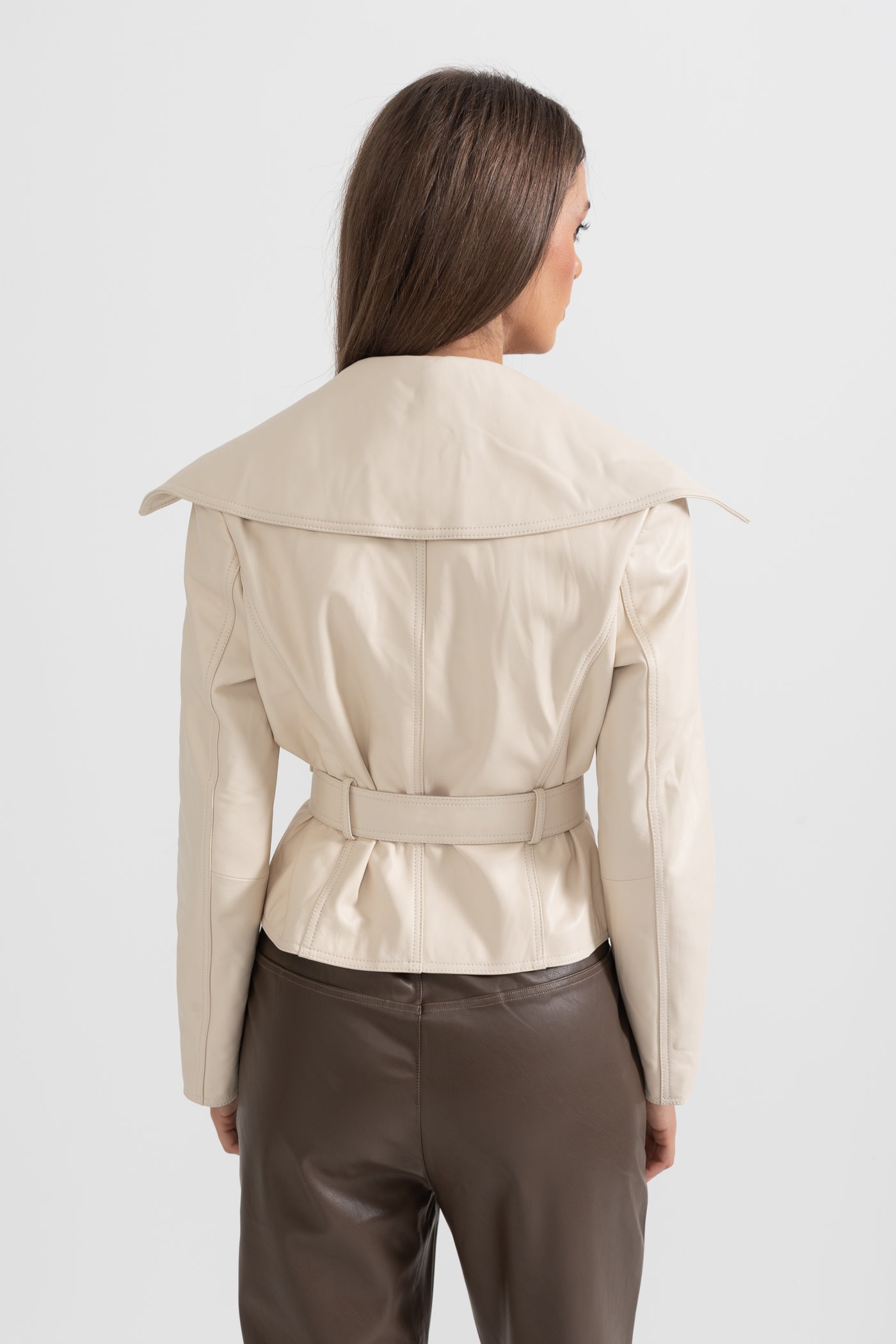 Wide Lapel Leather Jacket With Belt - Ivoire