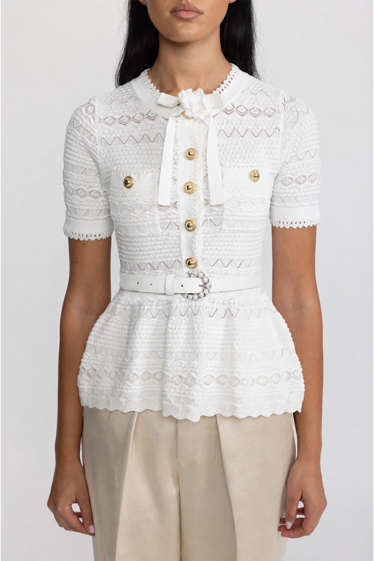 Pointelle Knit Bow Peplum Top - White