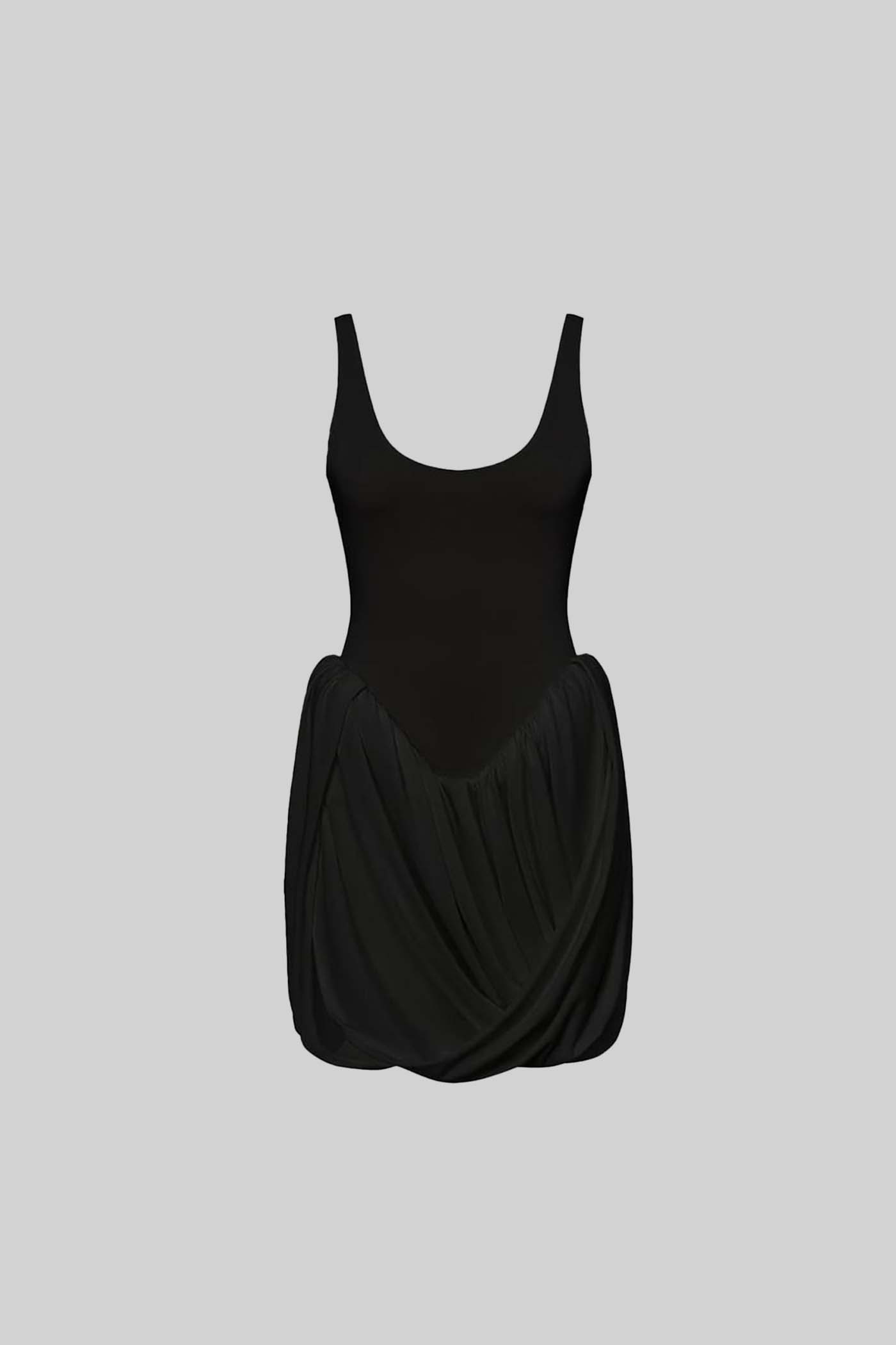 Draped Mini Dress With Sculptural Skirt And Side Slit - Black