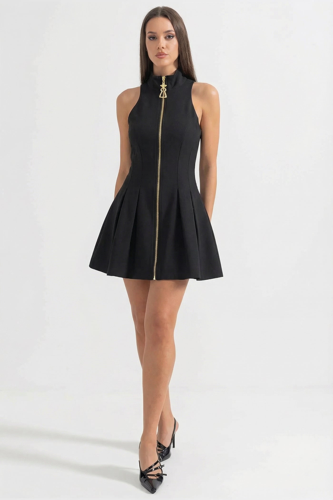 Sleeveless Mini Dress With Gold Front Zipper - Black