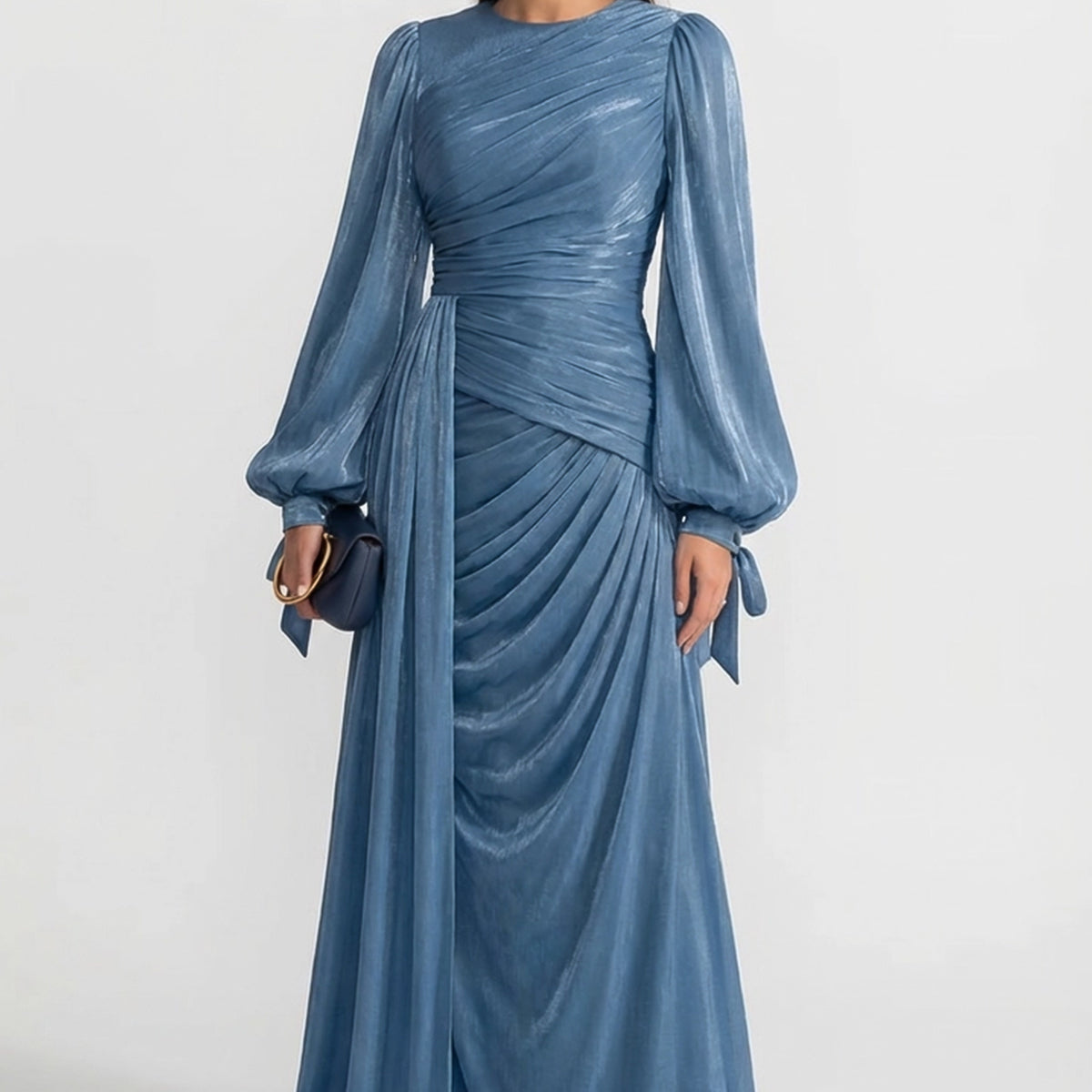 Draped Long-Sleeve Maxi Dress with Gathered Waist – Light Blue, XL
