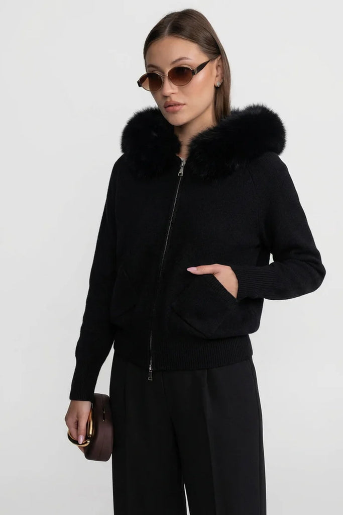 Zip-Up Wool Hoodie With Fox Fur Collar – Black