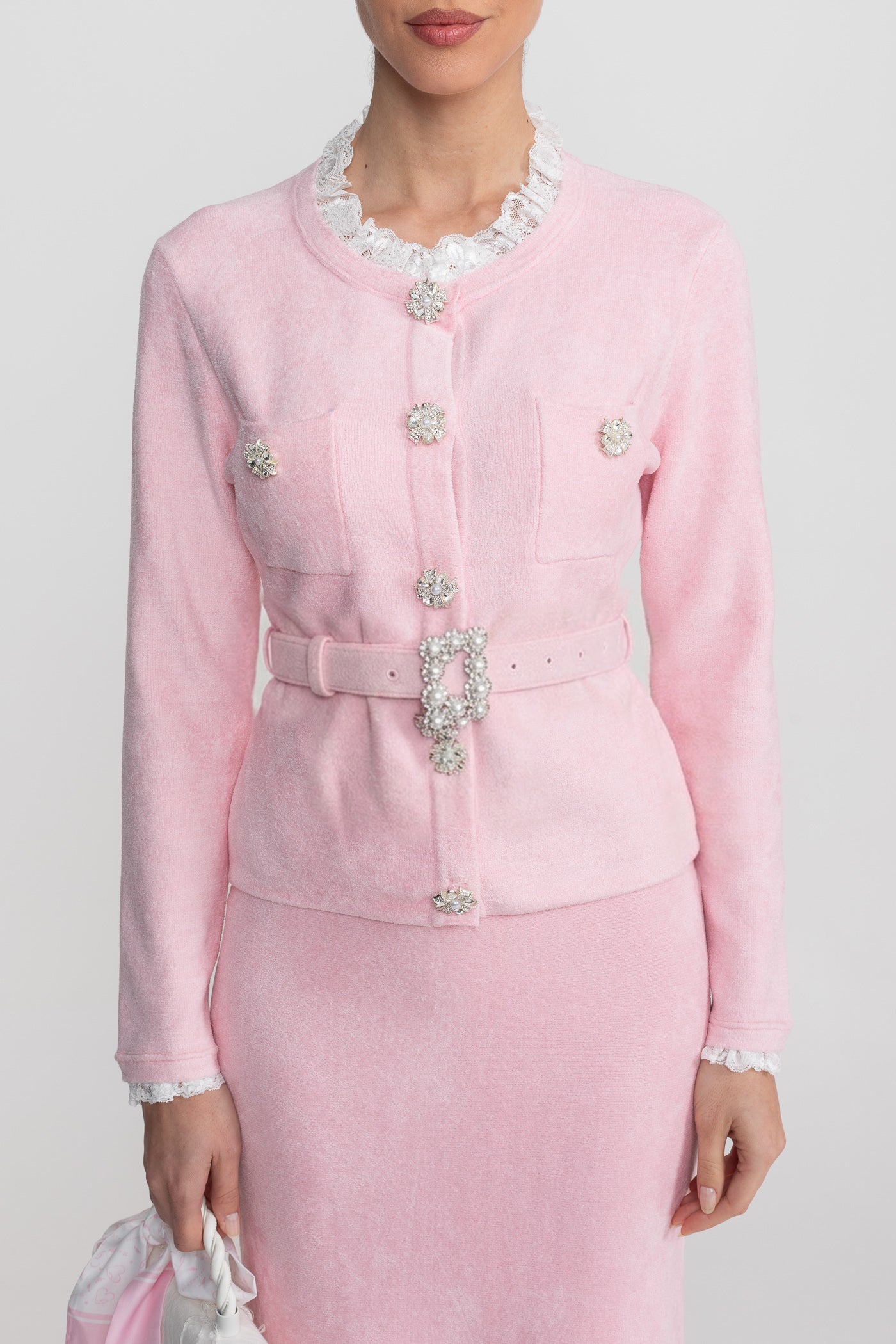 Long Sleeve Co-Ord With Fitted Knit Bodice And Crystal Button Detail - Blush Pink
