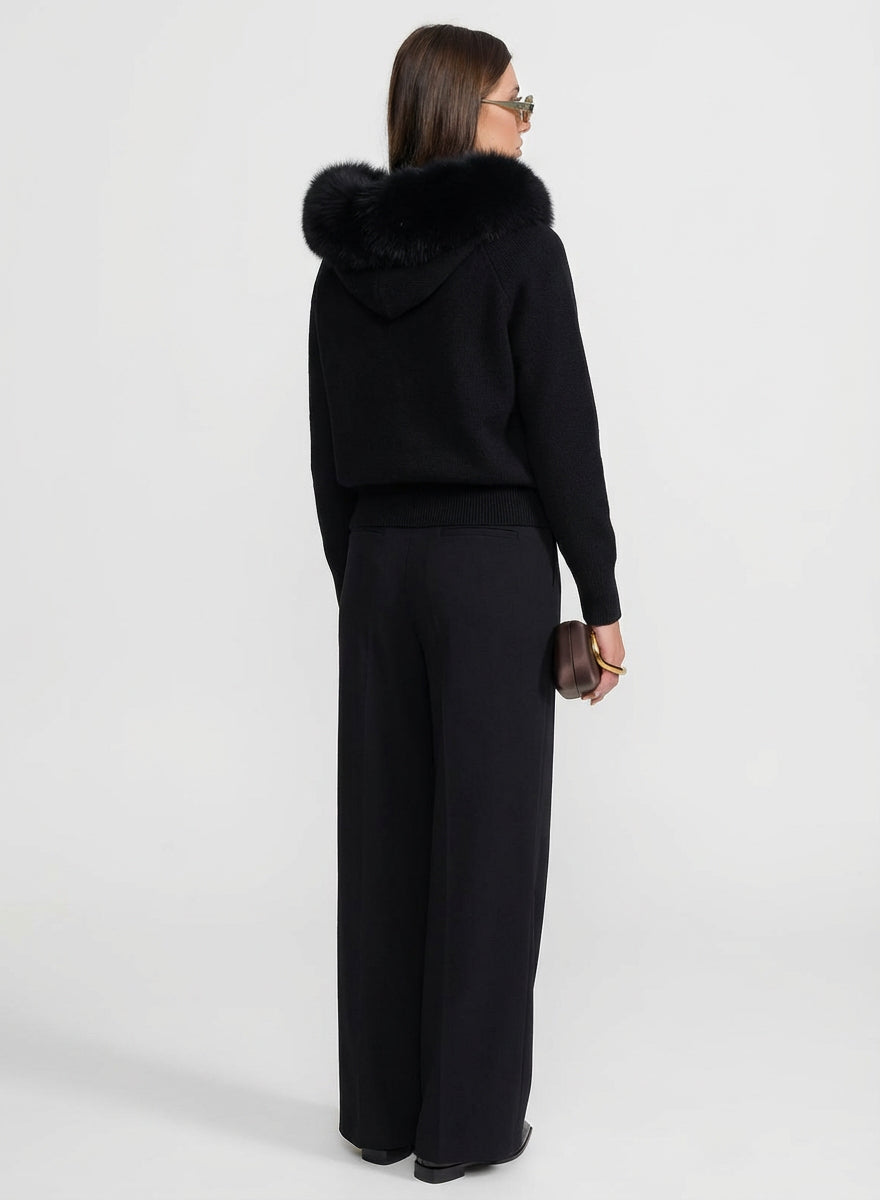 Zip-Up Wool Hoodie With Fox Fur Collar – Black