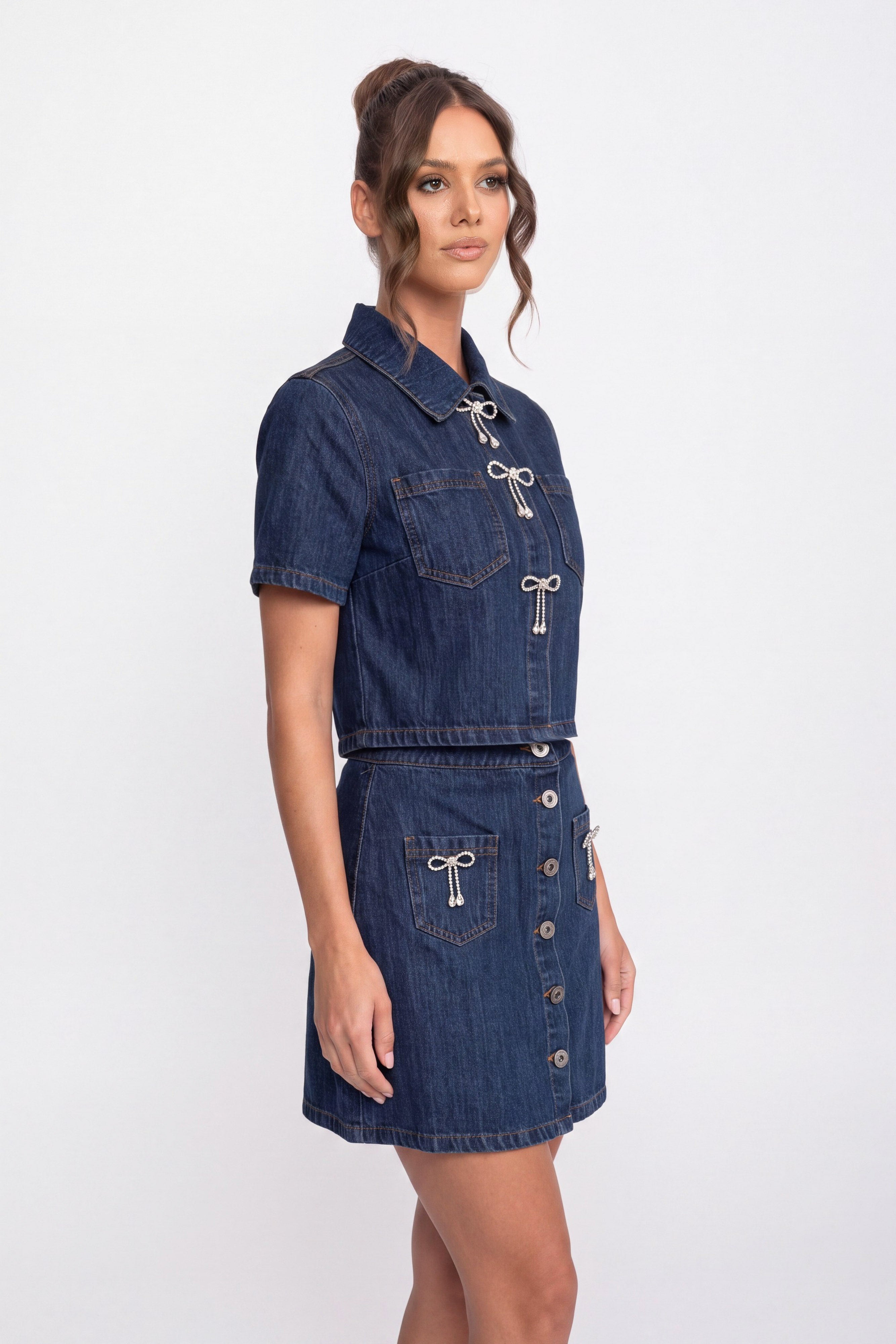 Denim Shirt And A-Line Skirt Co-Ord Set With Sparkling Bow Details - Blue