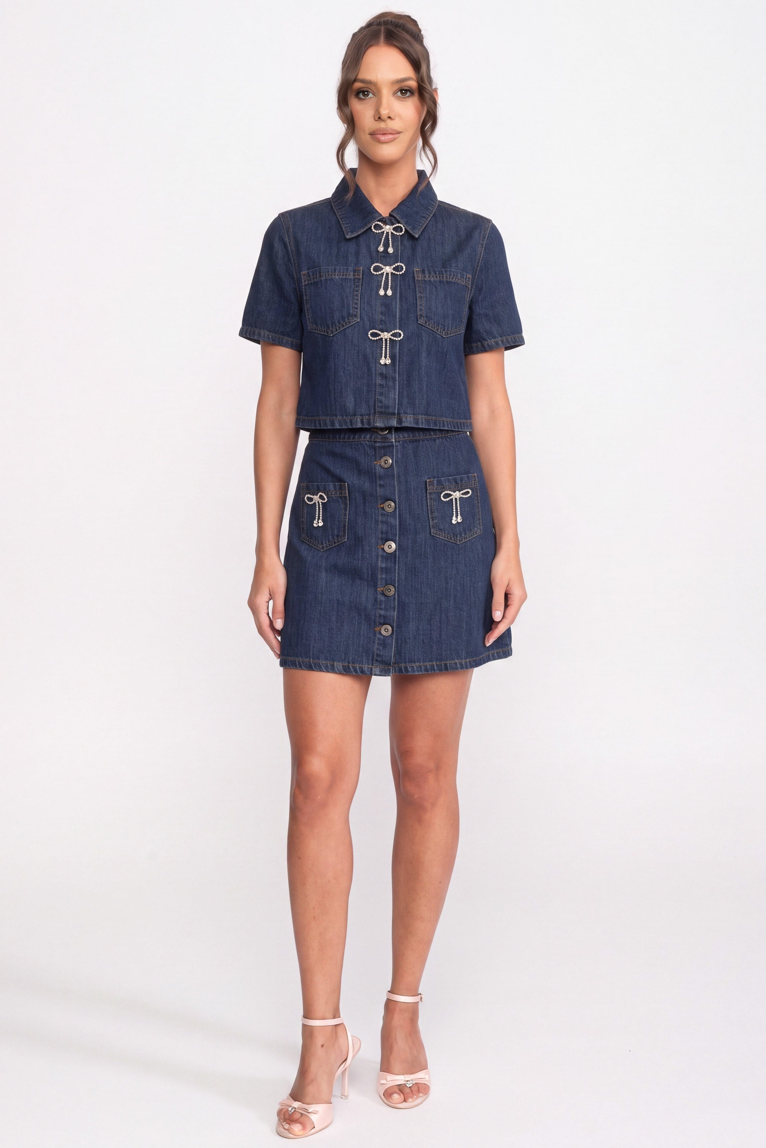 Denim Shirt And A-Line Skirt Co-Ord Set With Sparkling Bow Details - Blue