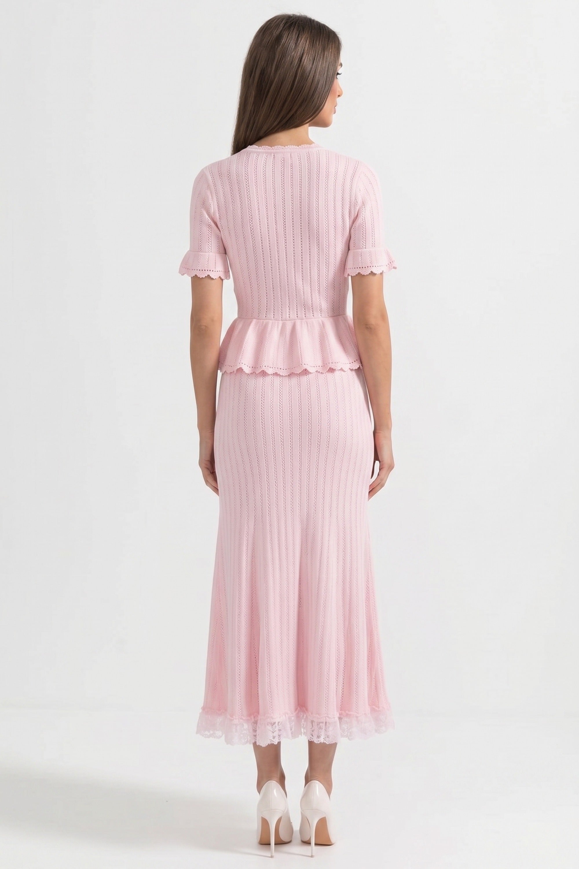 Peter-Pan Collar Knit Peplum Maxi Dress With Lace Hem - Pink