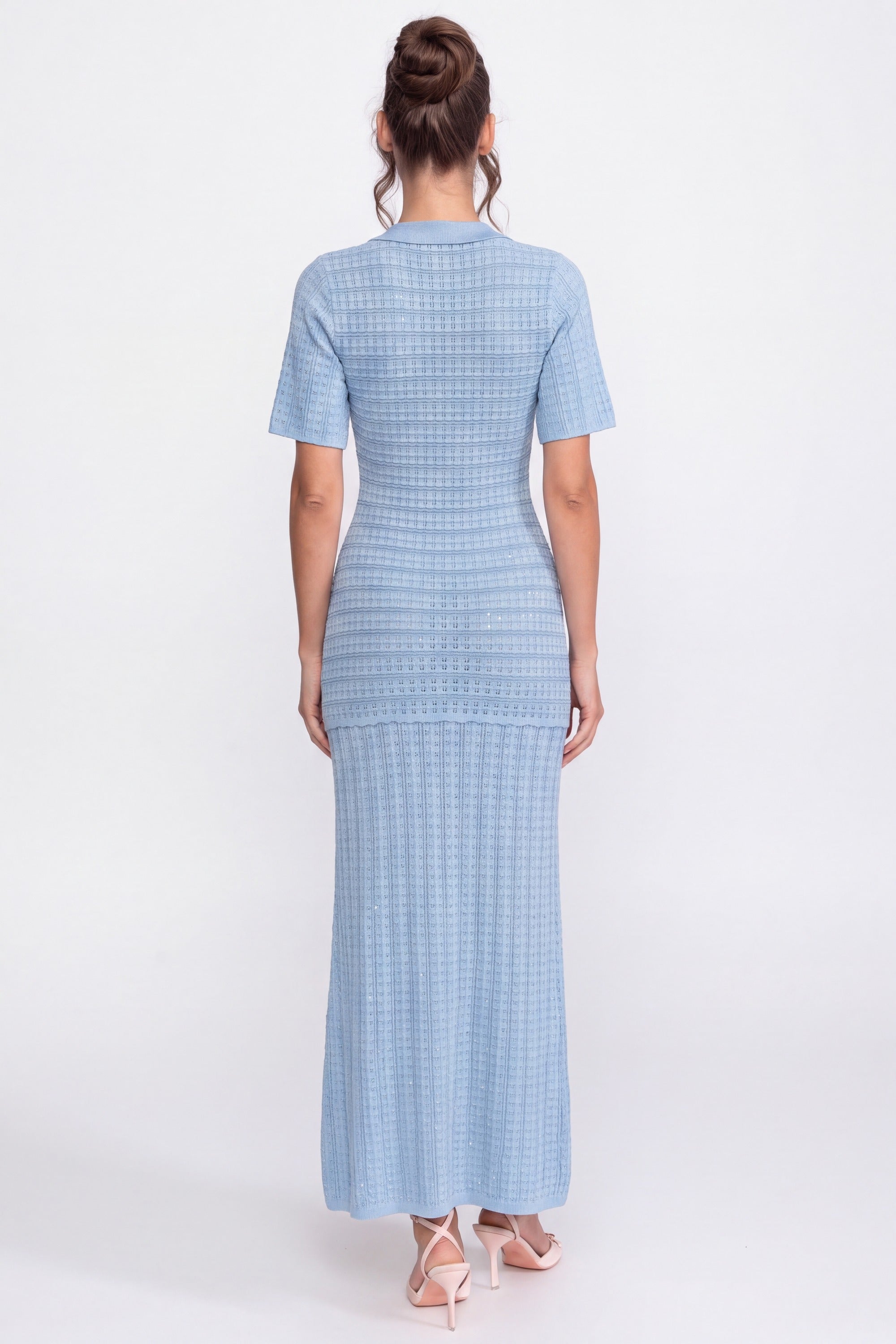 Short Sleeve Midi Dress With Shimmer Knit Texture - Light Blue