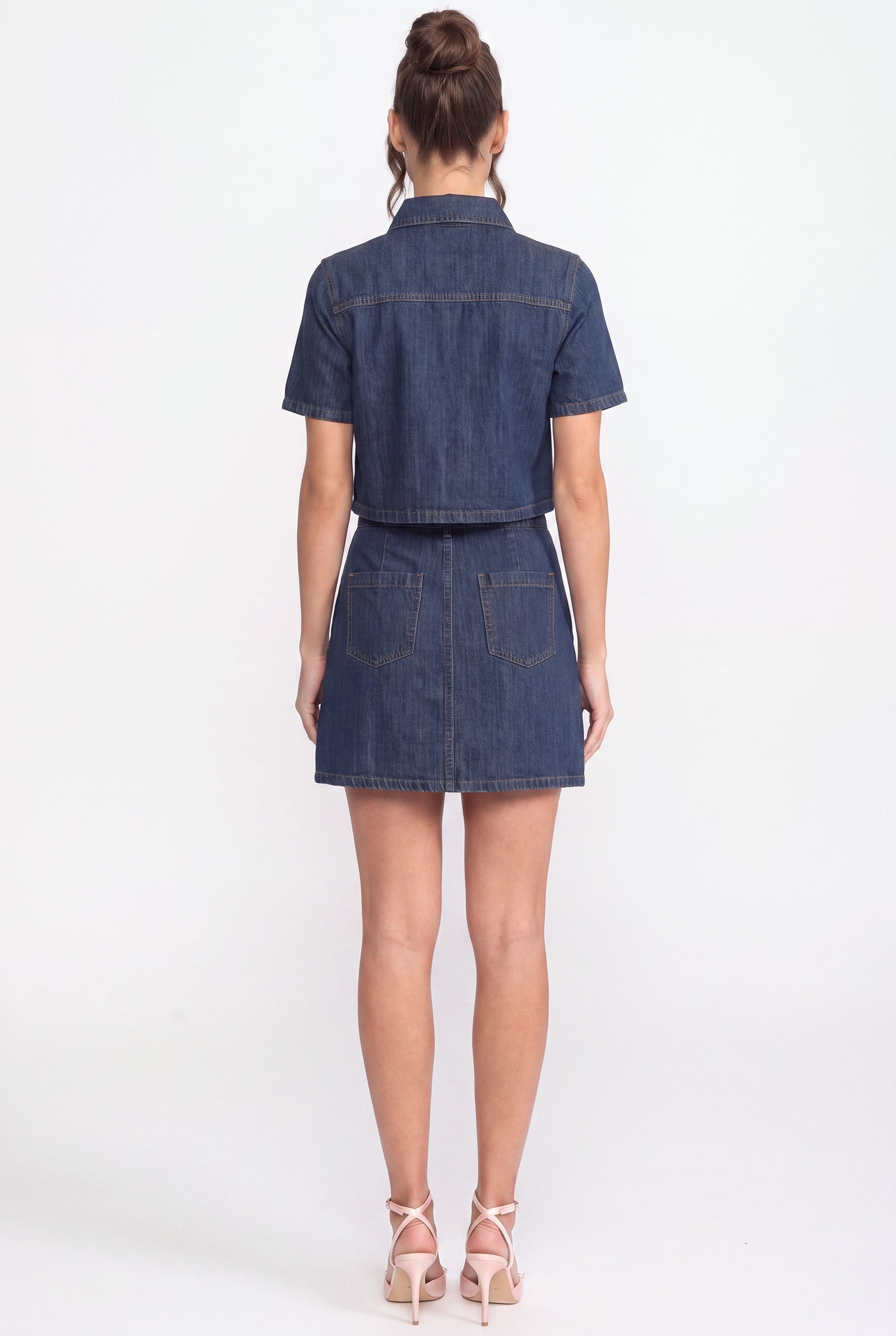 Denim Shirt And A-Line Skirt Co-Ord Set With Sparkling Bow Details - Blue
