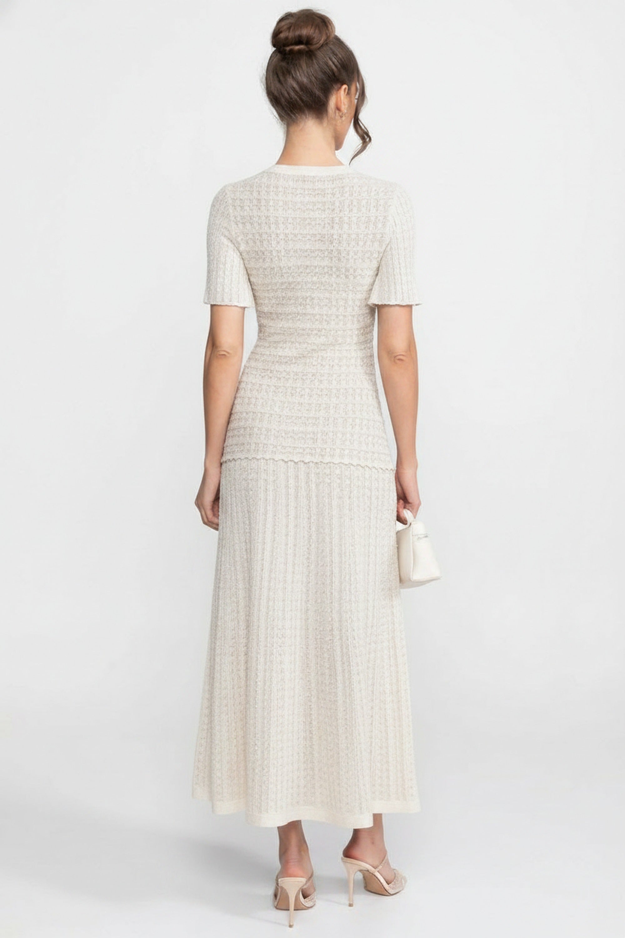Short Sleeve Midi Dress With Shimmer Knit Texture - White