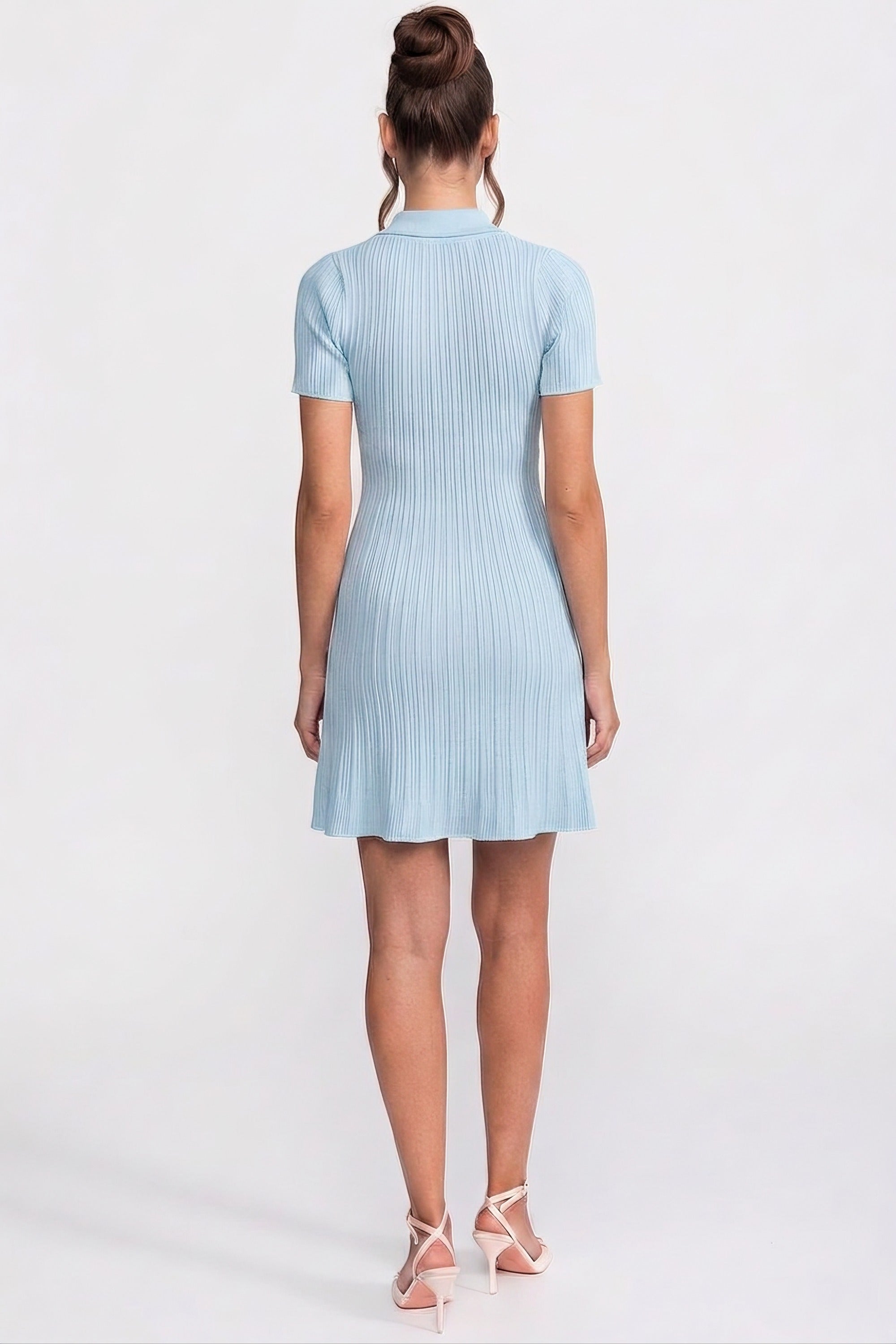 Ribbed Knit Button-Front Mini Dress - Baby Blue